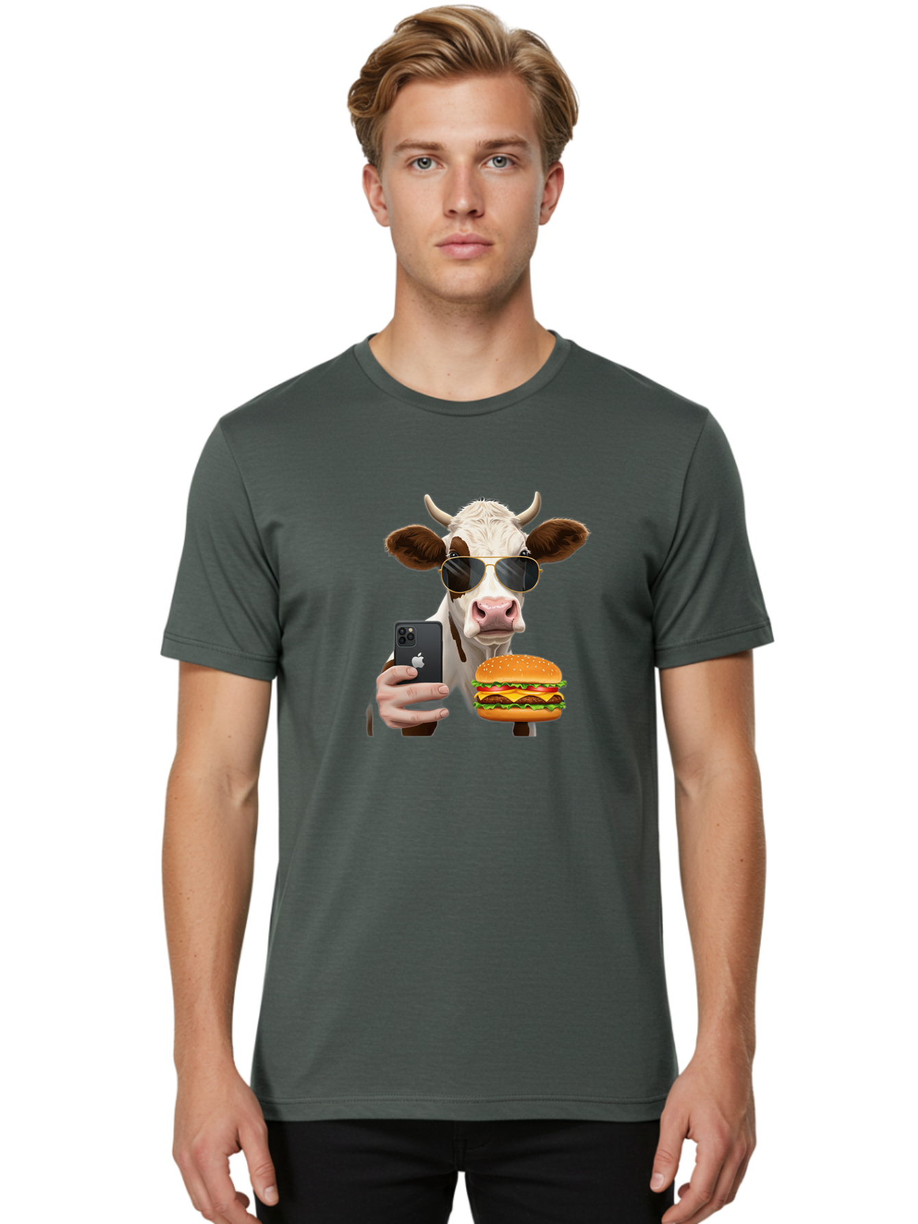 Cow-With-Iphone-And-Burger Men'S Graphic Tee, 100% Cotton, Comfortable Casual Summer Wear, Machine Washable, Vintage Camera, Old Camera, Antique Camera, Black Camera, Classic Photography, Photography Equipment, Nostalgic Device, Film Camera, Bah822