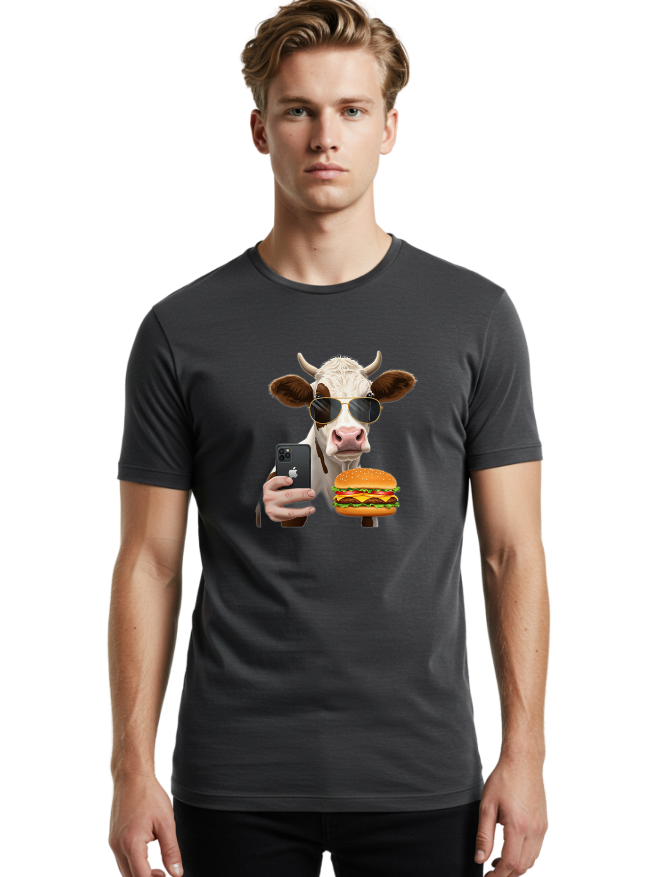 Cow-With-Iphone-And-Burger Men'S Graphic Tee, 100% Cotton, Comfortable Casual Summer Wear, Machine Washable, Vintage Camera, Old Camera, Antique Camera, Black Camera, Classic Photography, Photography Equipment, Nostalgic Device, Film Camera, Bah822