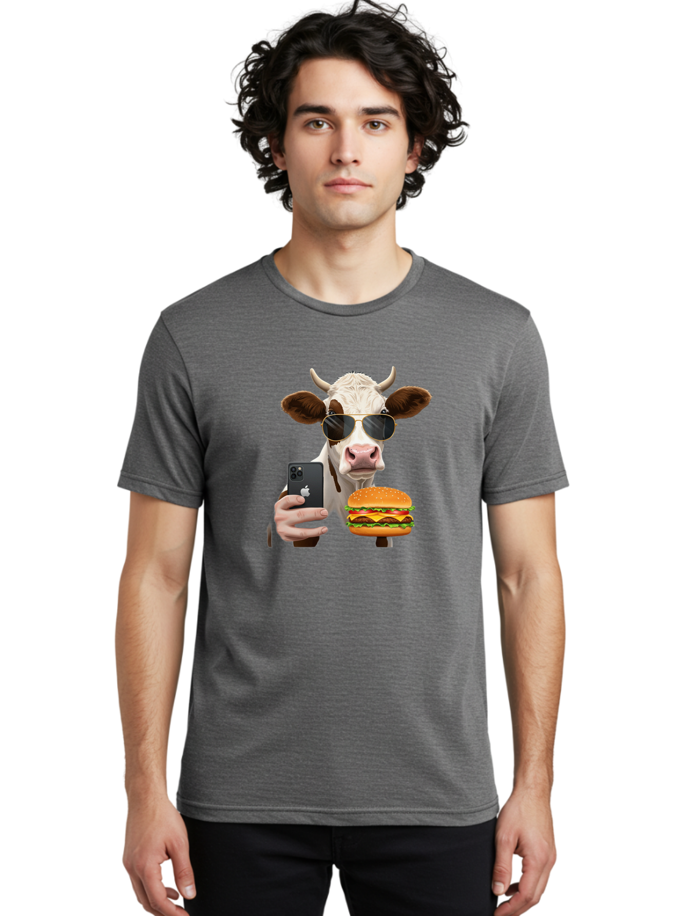 Cow-With-Iphone-And-Burger Men'S Graphic Tee, 100% Cotton, Comfortable Casual Summer Wear, Machine Washable, Vintage Camera, Old Camera, Antique Camera, Black Camera, Classic Photography, Photography Equipment, Nostalgic Device, Film Camera, Bah822