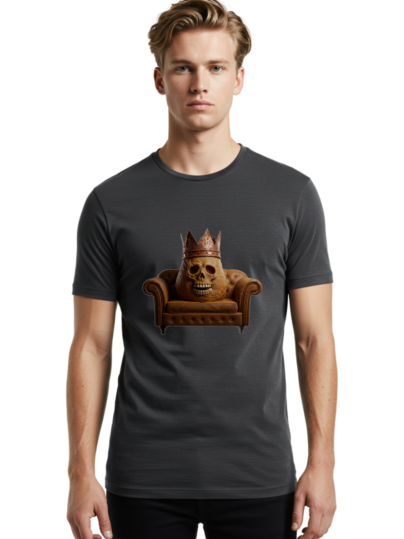 Crowned-Skull-On-Leather-Sofa Men'S Graphic Tee, 100% Cotton, Comfortable Casual Summer Wear, Machine Washable, Vintage Camera, Old Camera, Antique Camera, Black Camera, Classic Photography, Photography Equipment, Nostalgic Device, Bah832