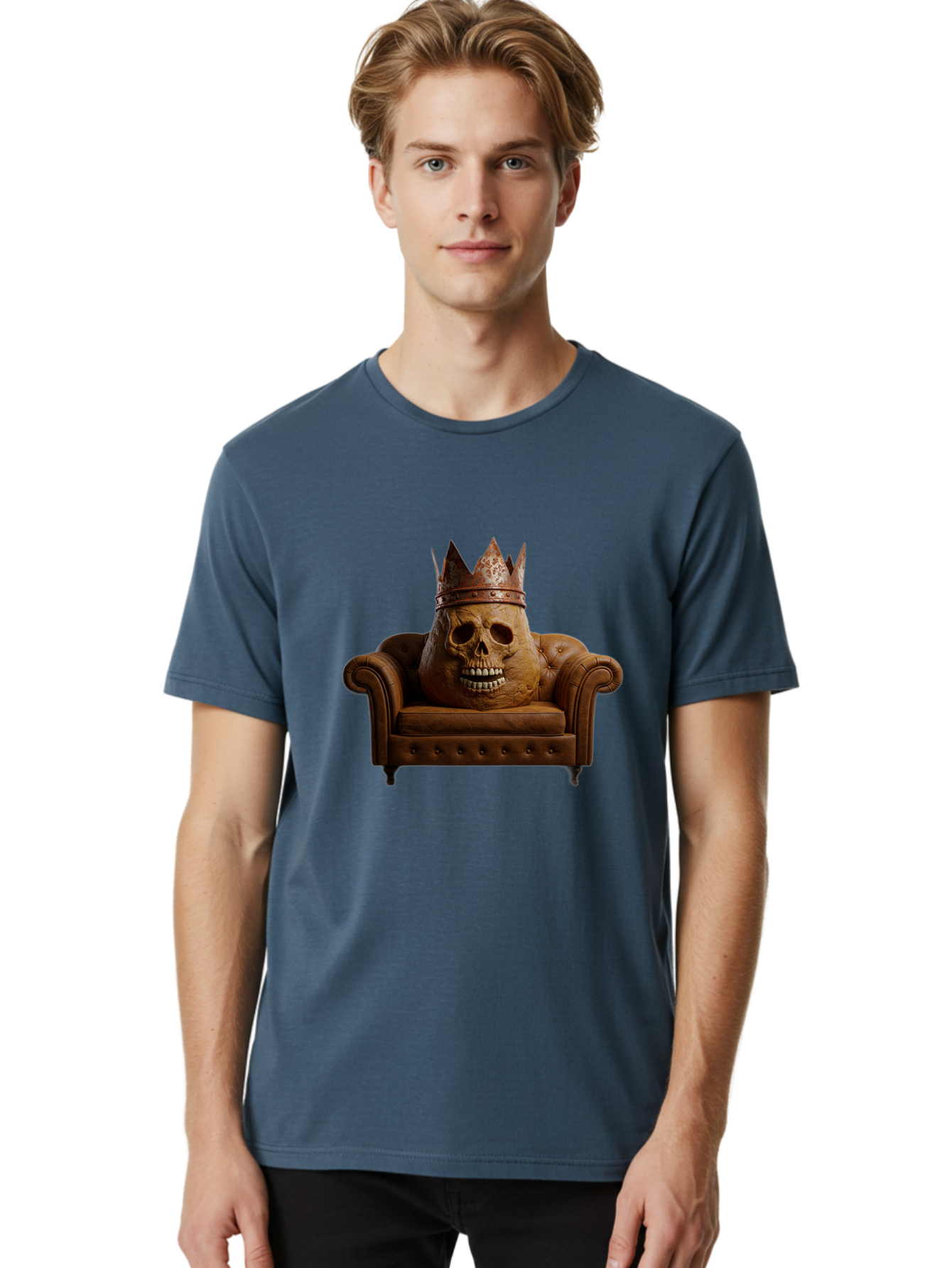 Crowned-Skull-On-Leather-Sofa Men'S Graphic Tee, 100% Cotton, Comfortable Casual Summer Wear, Machine Washable, Vintage Camera, Old Camera, Antique Camera, Black Camera, Classic Photography, Photography Equipment, Nostalgic Device, Bah832