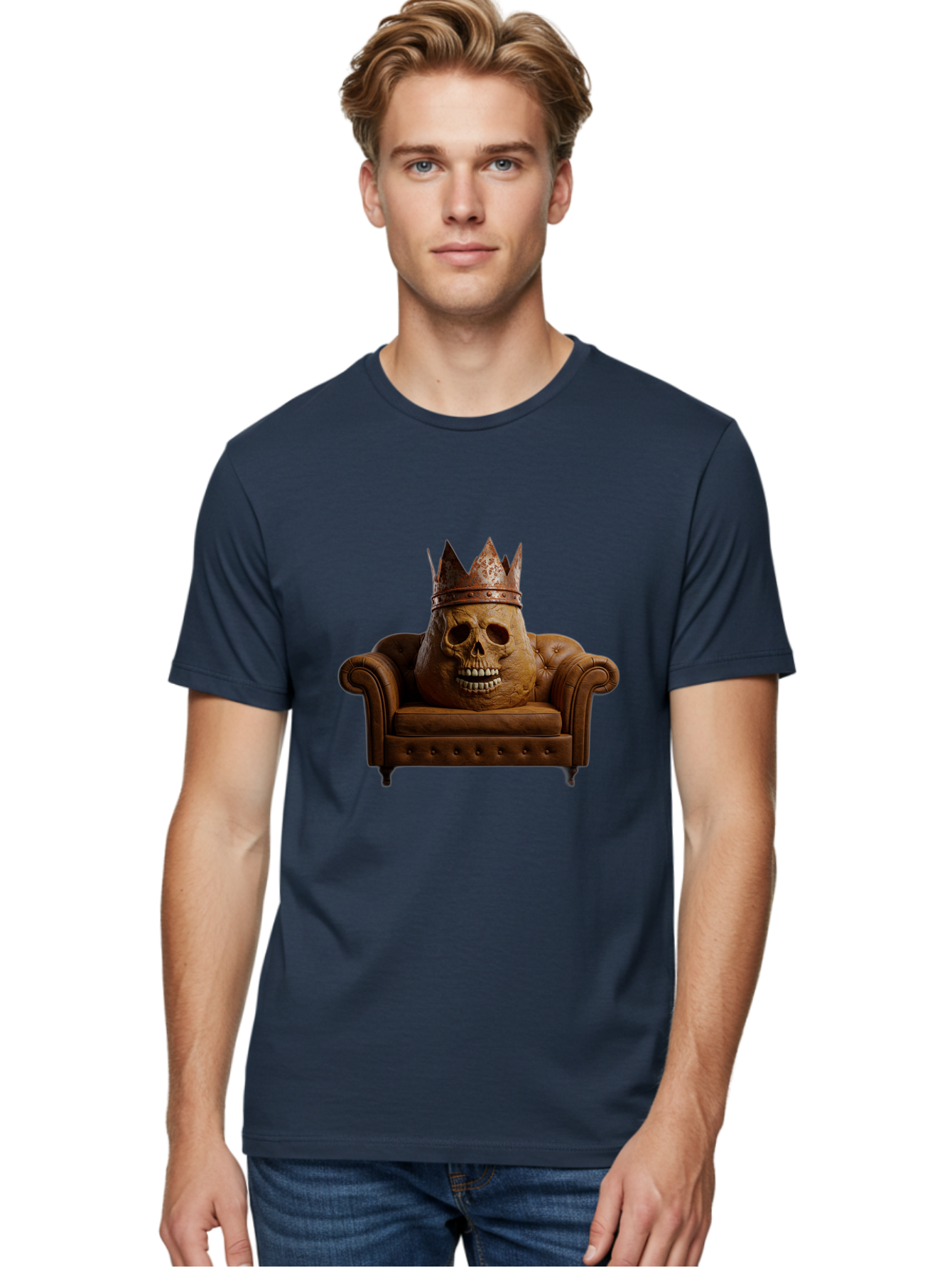 Crowned-Skull-On-Leather-Sofa Men'S Graphic Tee, 100% Cotton, Comfortable Casual Summer Wear, Machine Washable, Vintage Camera, Old Camera, Antique Camera, Black Camera, Classic Photography, Photography Equipment, Nostalgic Device, Bah832