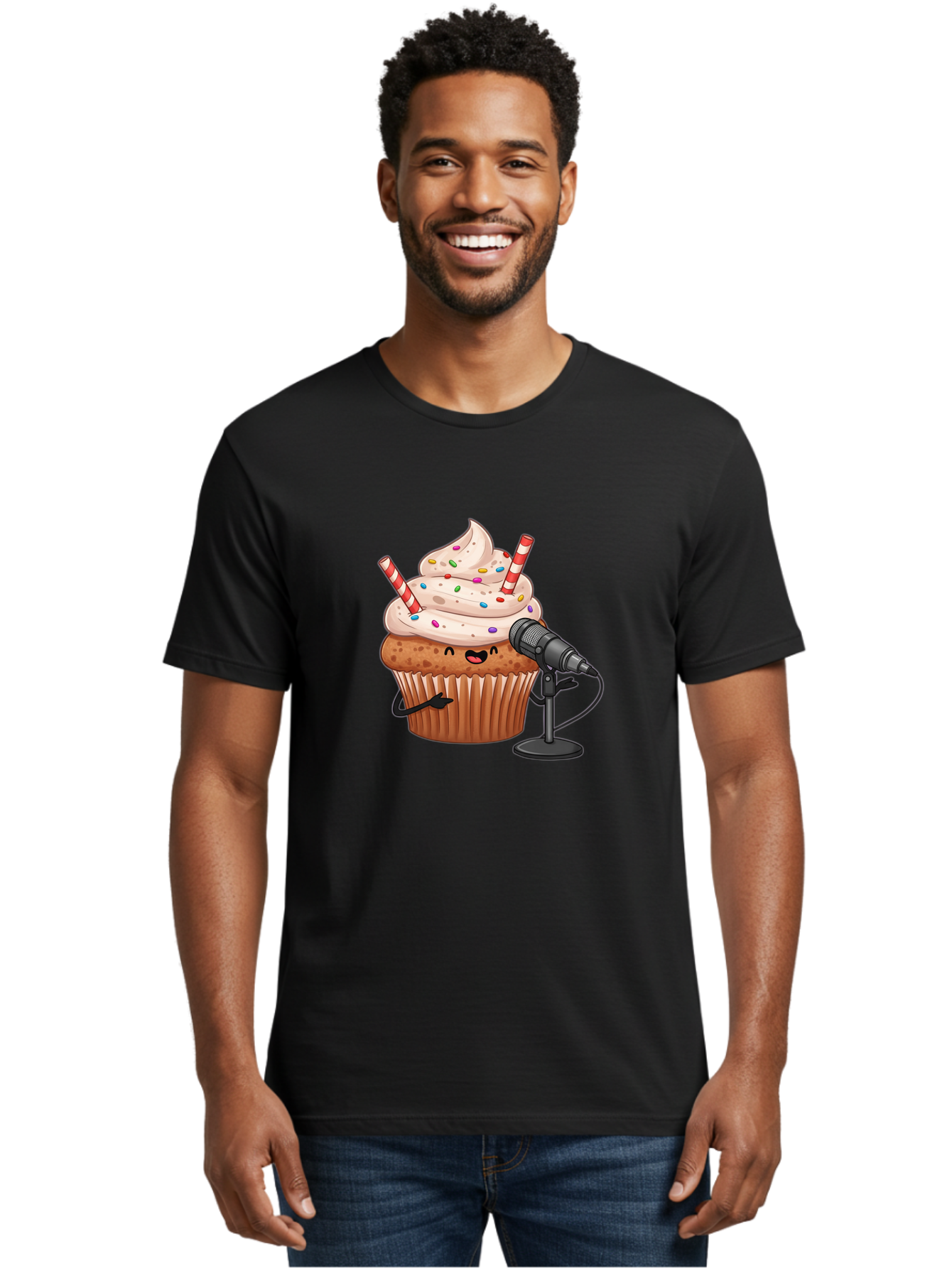 Cupcake-With-Microphone-1 Men'S Graphic Tee, 100% Cotton, Comfortable Casual Summer Wear, Machine Washable, Vintage Camera, Old Camera, Antique Camera, Black Camera, Classic Photography, Photography Equipment, Nostalgic Device, Film Camera, Bah870