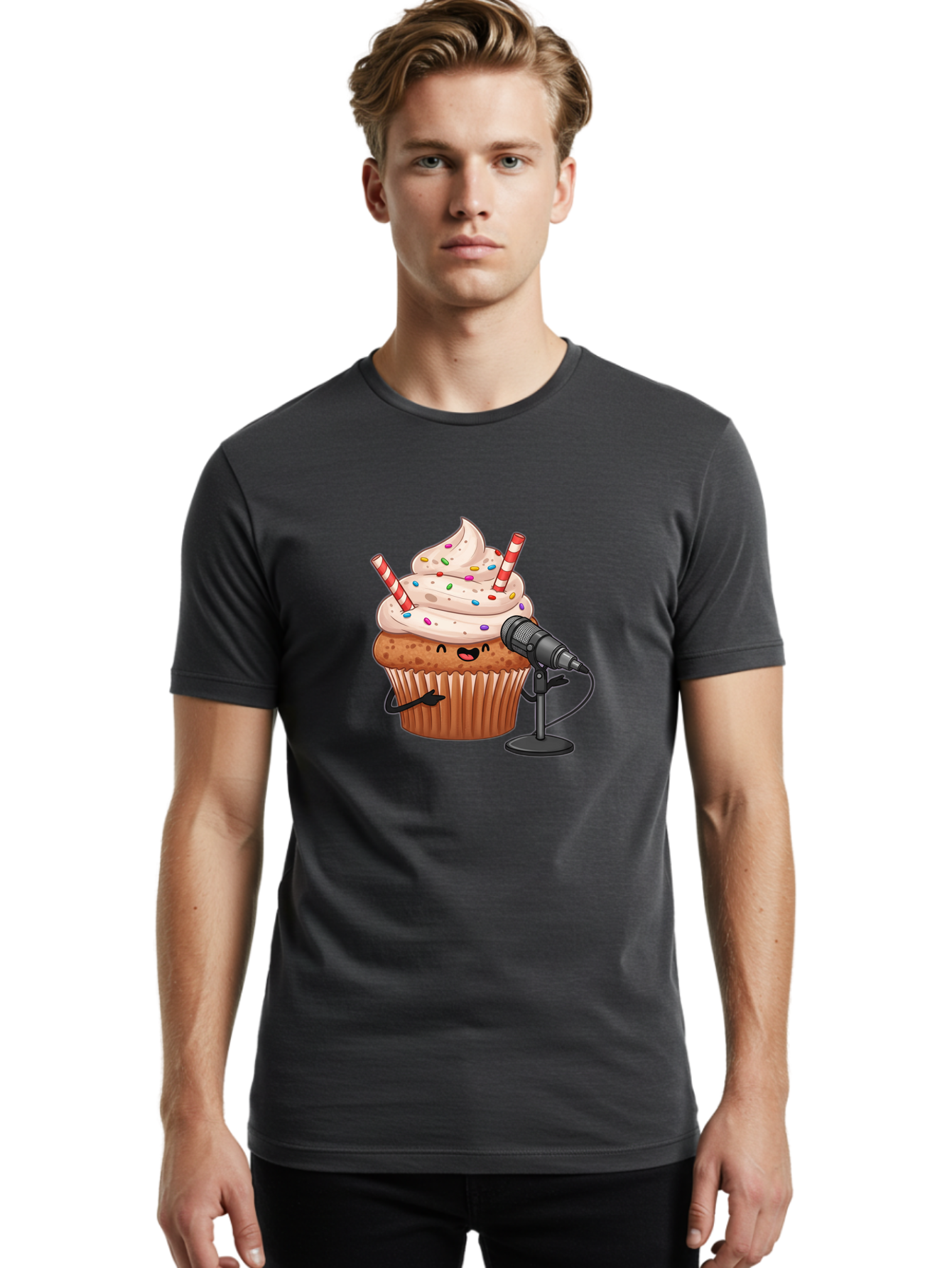 Cupcake-With-Microphone-1 Men'S Graphic Tee, 100% Cotton, Comfortable Casual Summer Wear, Machine Washable, Vintage Camera, Old Camera, Antique Camera, Black Camera, Classic Photography, Photography Equipment, Nostalgic Device, Film Camera, Bah870