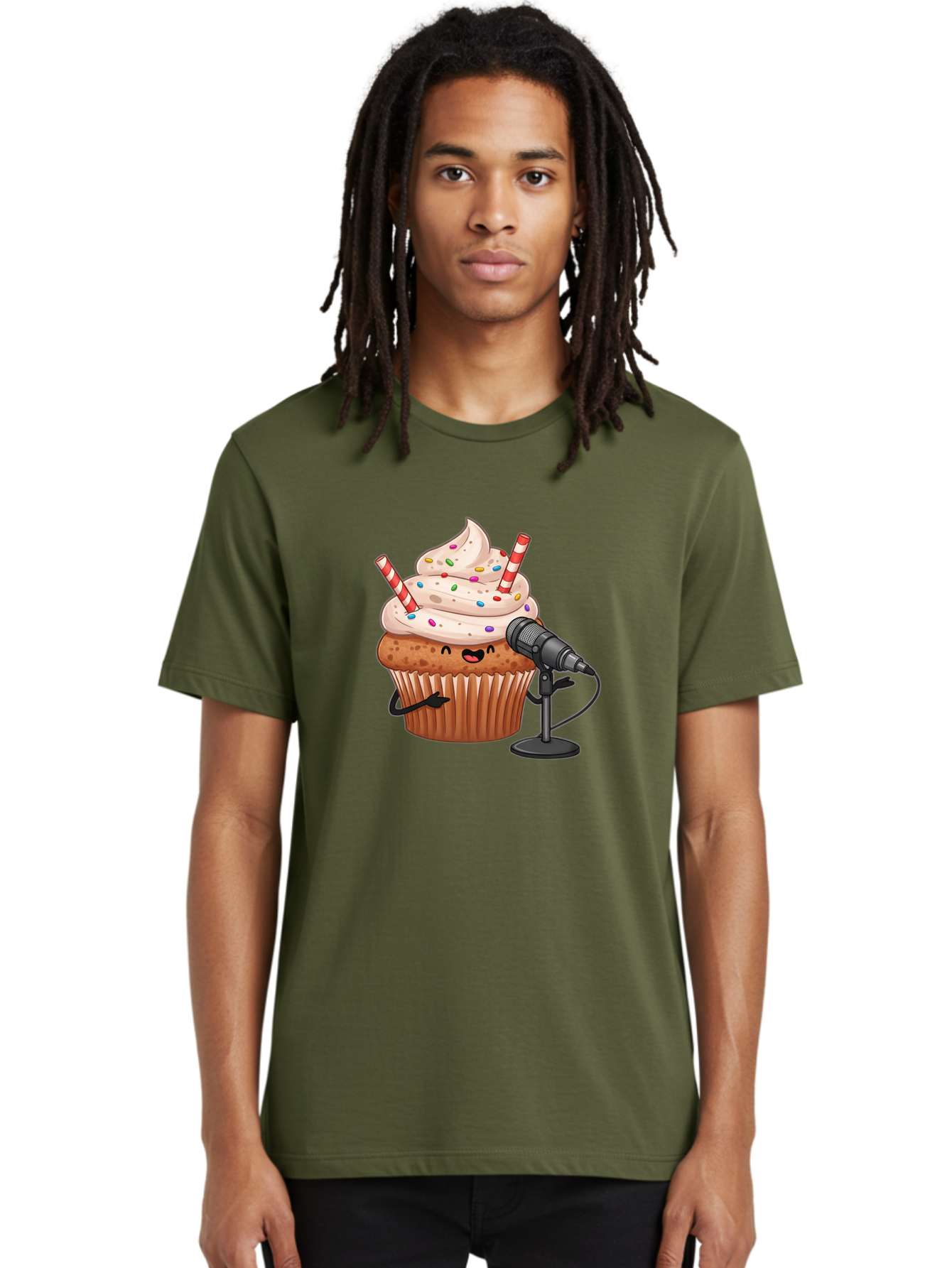 Cupcake-With-Microphone-1 Men'S Graphic Tee, 100% Cotton, Comfortable Casual Summer Wear, Machine Washable, Vintage Camera, Old Camera, Antique Camera, Black Camera, Classic Photography, Photography Equipment, Nostalgic Device, Film Camera, Bah870