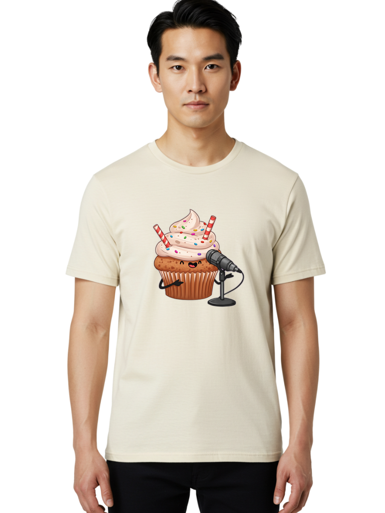 Cupcake-With-Microphone-1 Men'S Graphic Tee, 100% Cotton, Comfortable Casual Summer Wear, Machine Washable, Vintage Camera, Old Camera, Antique Camera, Black Camera, Classic Photography, Photography Equipment, Nostalgic Device, Film Camera, Bah870