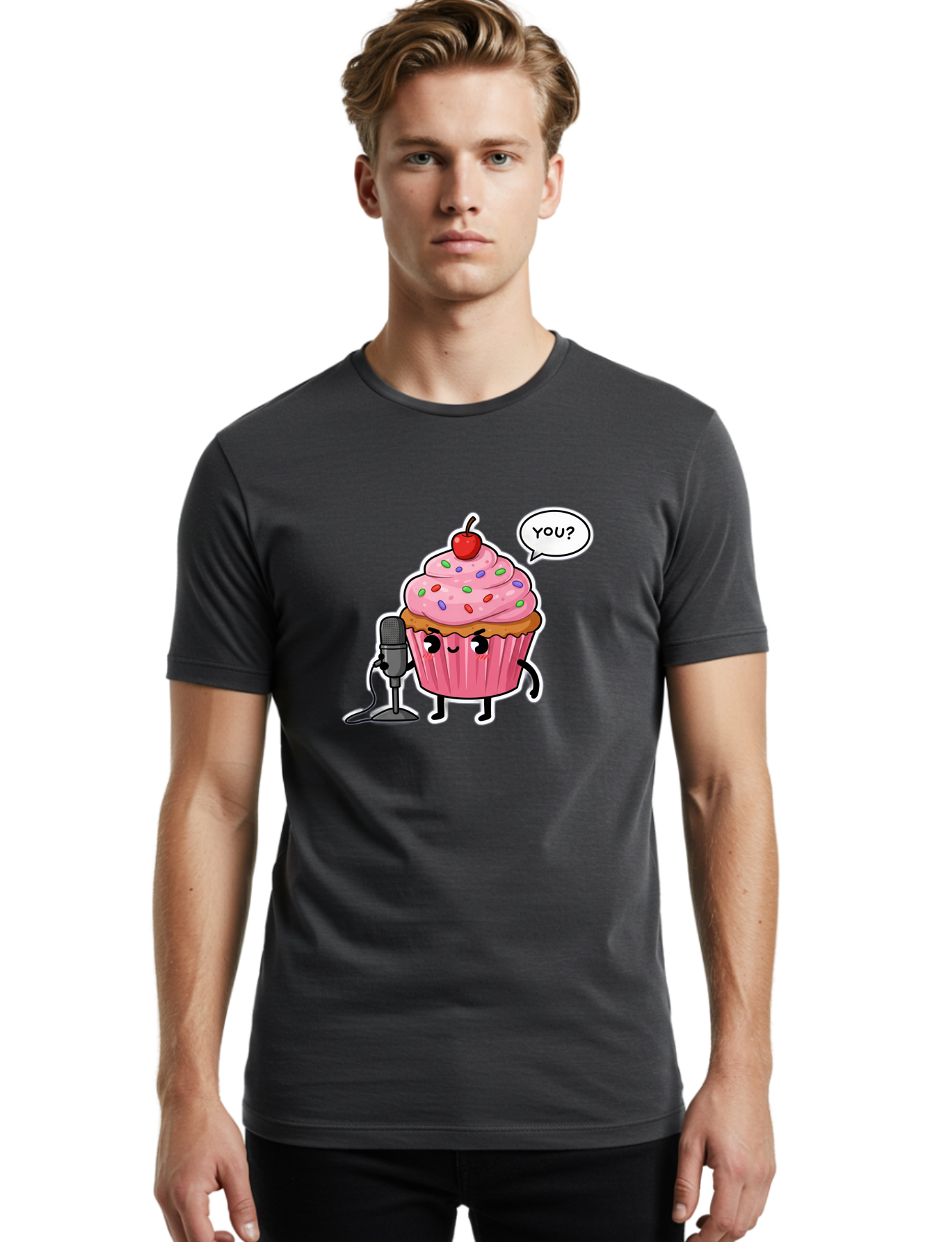 Cupcake-With-Microphone Men'S Graphic Tee, 100% Cotton, Comfortable Casual Summer Wear, Machine Washable, Vintage Camera, Old Camera, Antique Camera, Black Camera, Classic Photography, Photography Equipment, Nostalgic Device, Film Camera, Bah871