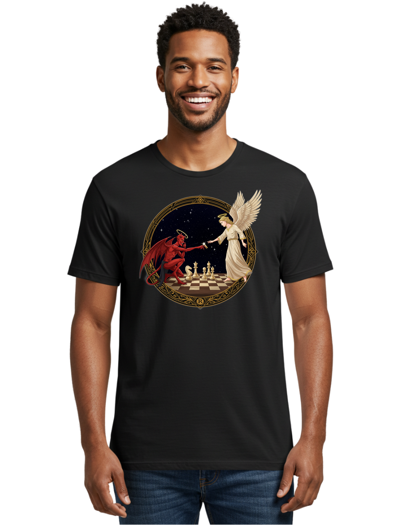 Demon-And-Angel-Playing-Chess Men'S Graphic Tee, 100% Cotton, Comfortable Casual Summer Wear, Machine Washable, Vintage Camera, Old Camera, Antique Camera, Black Camera, Classic Photography, Photography Equipment, Nostalgic Device, Bah897