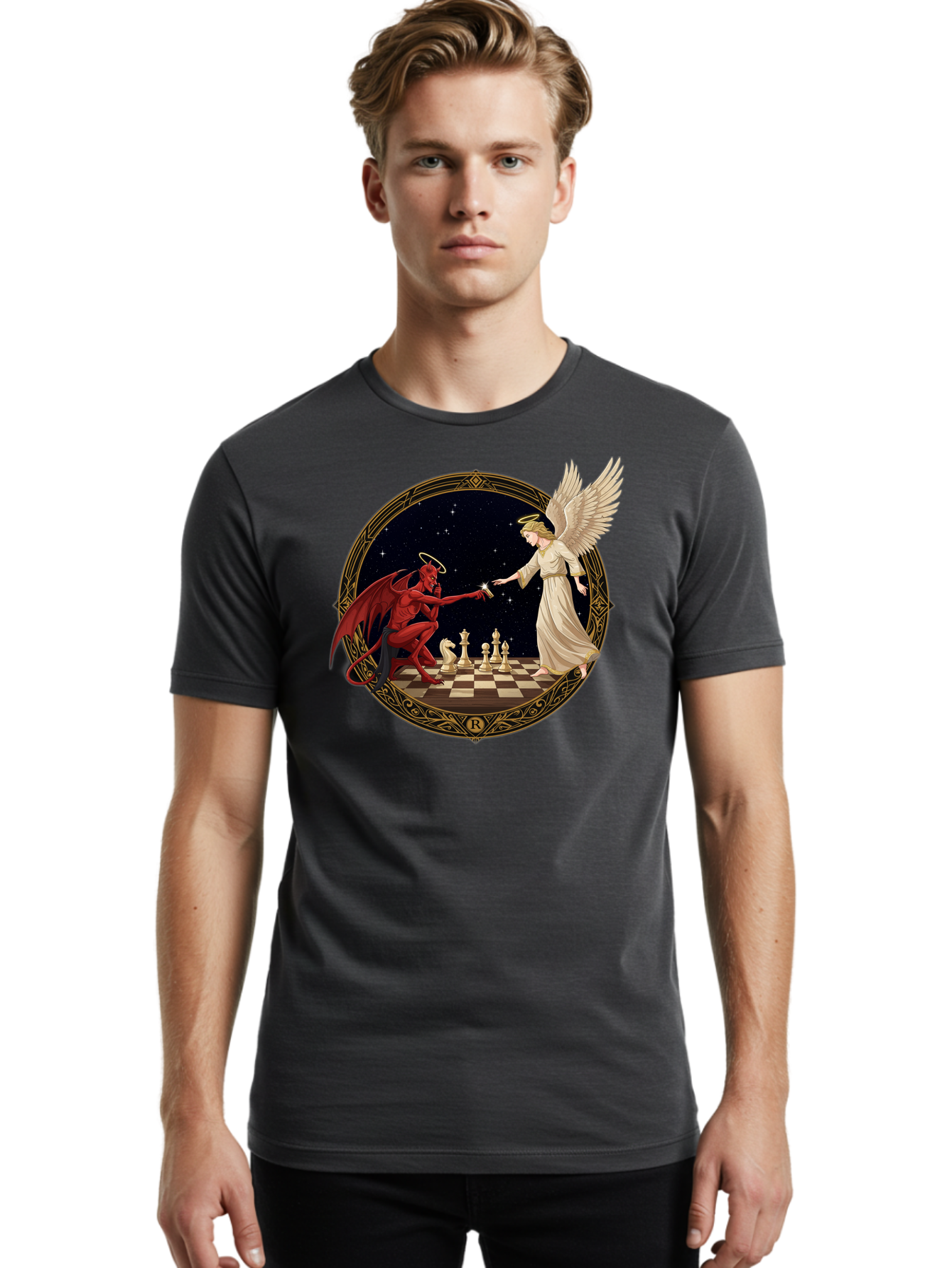 Demon-And-Angel-Playing-Chess Men'S Graphic Tee, 100% Cotton, Comfortable Casual Summer Wear, Machine Washable, Vintage Camera, Old Camera, Antique Camera, Black Camera, Classic Photography, Photography Equipment, Nostalgic Device, Bah897