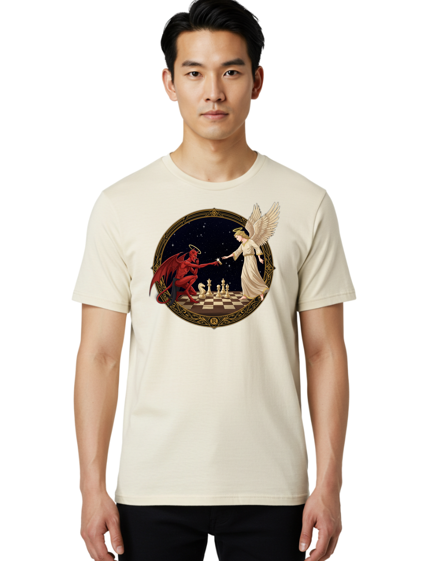 Demon-And-Angel-Playing-Chess Men'S Graphic Tee, 100% Cotton, Comfortable Casual Summer Wear, Machine Washable, Vintage Camera, Old Camera, Antique Camera, Black Camera, Classic Photography, Photography Equipment, Nostalgic Device, Bah897