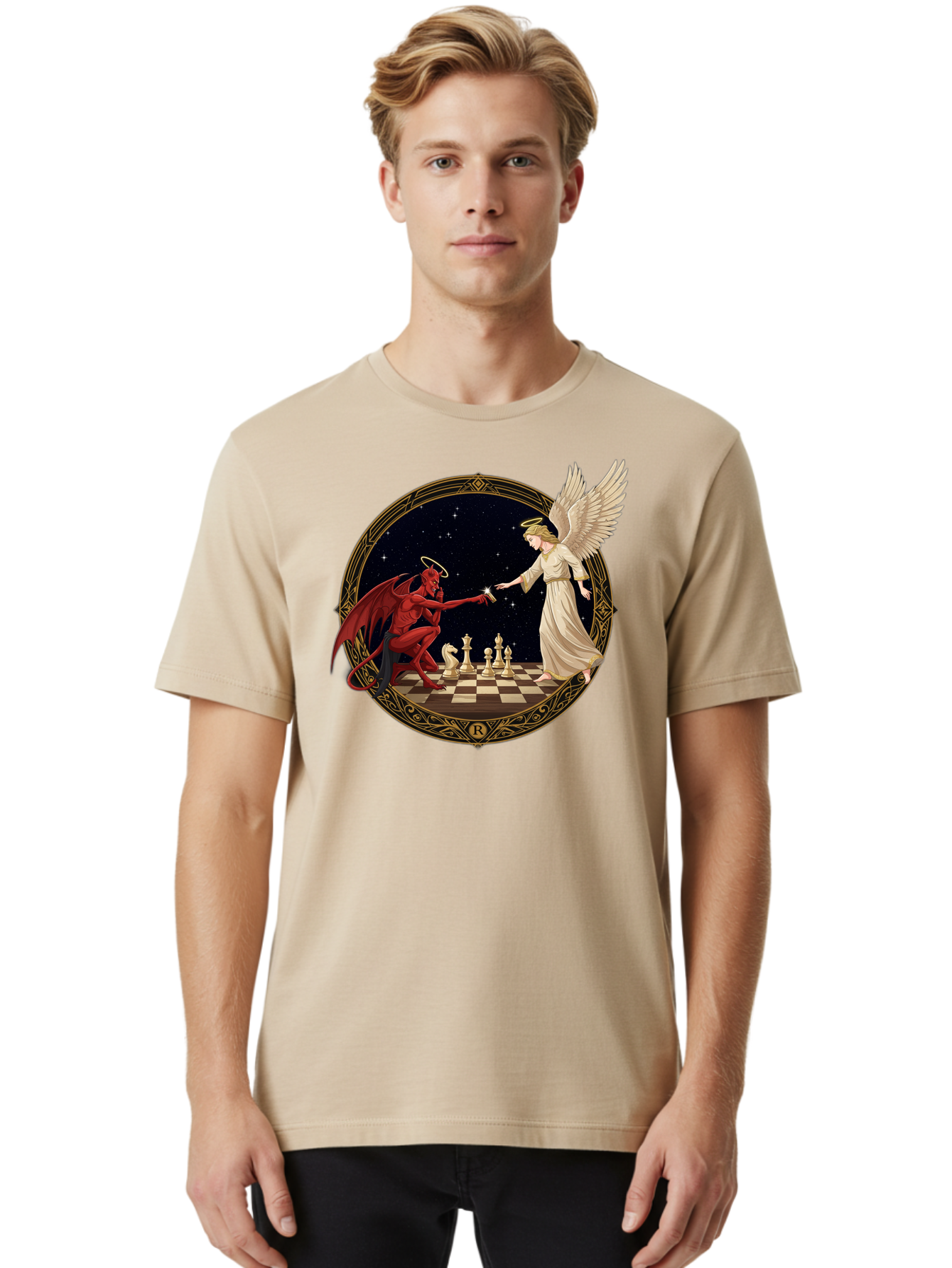 Demon-And-Angel-Playing-Chess Men'S Graphic Tee, 100% Cotton, Comfortable Casual Summer Wear, Machine Washable, Vintage Camera, Old Camera, Antique Camera, Black Camera, Classic Photography, Photography Equipment, Nostalgic Device, Bah897