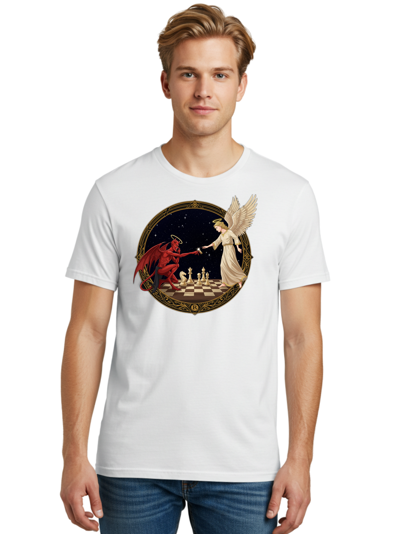 Demon-And-Angel-Playing-Chess Men'S Graphic Tee, 100% Cotton, Comfortable Casual Summer Wear, Machine Washable, Vintage Camera, Old Camera, Antique Camera, Black Camera, Classic Photography, Photography Equipment, Nostalgic Device, Bah897