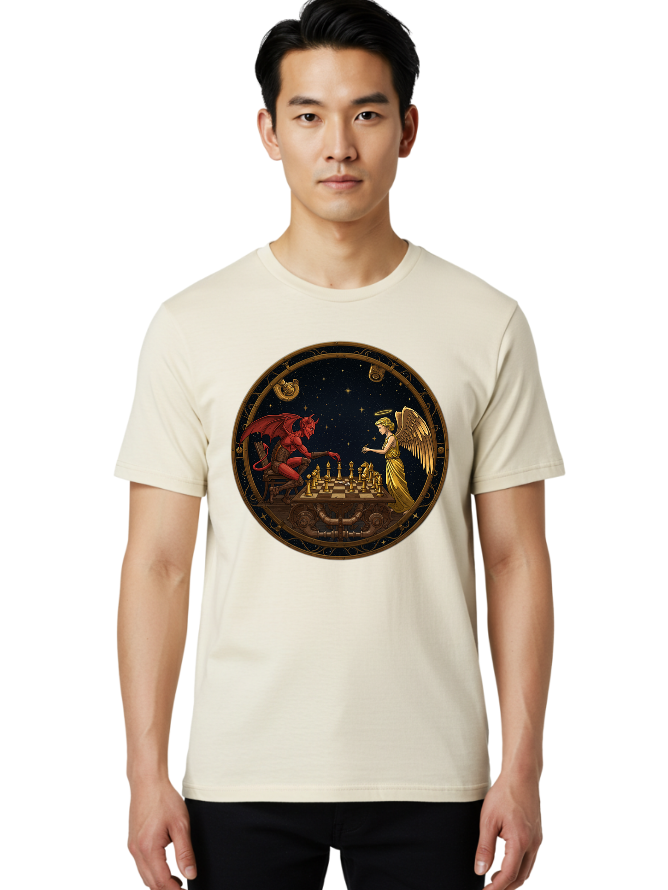 Devil-Vs-Angel-Chess-1 Men'S Graphic Tee, 100% Cotton, Comfortable Casual Summer Wear, Machine Washable, Vintage Camera, Old Camera, Antique Camera, Black Camera, Classic Photography, Photography Equipment, Nostalgic Device, Film Camera, Bah903
