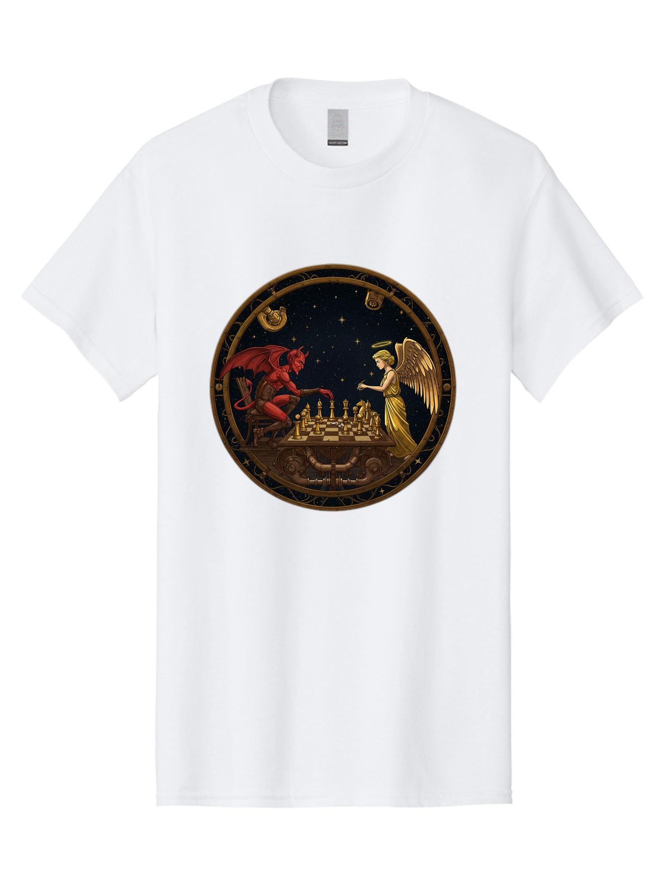 Devil-Vs-Angel-Chess-1 Men'S Graphic Tee, 100% Cotton, Comfortable Casual Summer Wear, Machine Washable, Vintage Camera, Old Camera, Antique Camera, Black Camera, Classic Photography, Photography Equipment, Nostalgic Device, Film Camera, Bah903