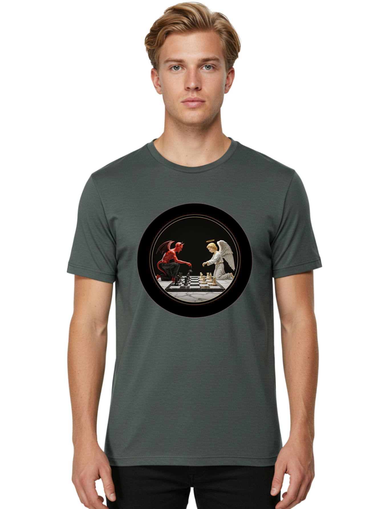 Devil-Vs-Angel-Chess-2 Men'S Graphic Tee, 100% Cotton, Comfortable Casual Summer Wear, Machine Washable, Vintage Camera, Old Camera, Antique Camera, Black Camera, Classic Photography, Photography Equipment, Nostalgic Device, Film Camera, Bah904