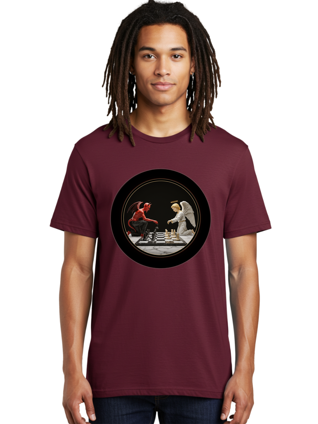 Devil-Vs-Angel-Chess-2 Men'S Graphic Tee, 100% Cotton, Comfortable Casual Summer Wear, Machine Washable, Vintage Camera, Old Camera, Antique Camera, Black Camera, Classic Photography, Photography Equipment, Nostalgic Device, Film Camera, Bah904