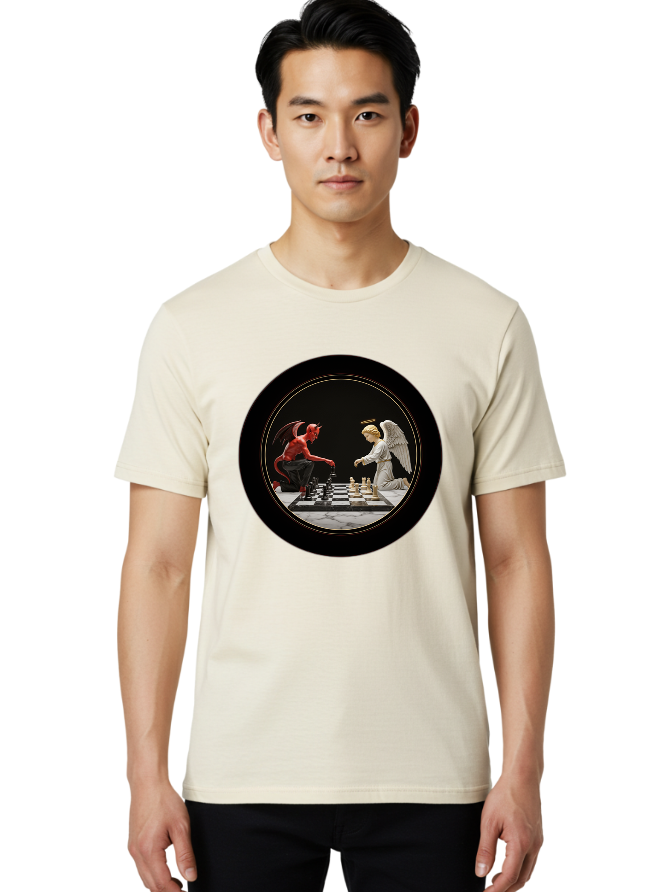 Devil-Vs-Angel-Chess-2 Men'S Graphic Tee, 100% Cotton, Comfortable Casual Summer Wear, Machine Washable, Vintage Camera, Old Camera, Antique Camera, Black Camera, Classic Photography, Photography Equipment, Nostalgic Device, Film Camera, Bah904