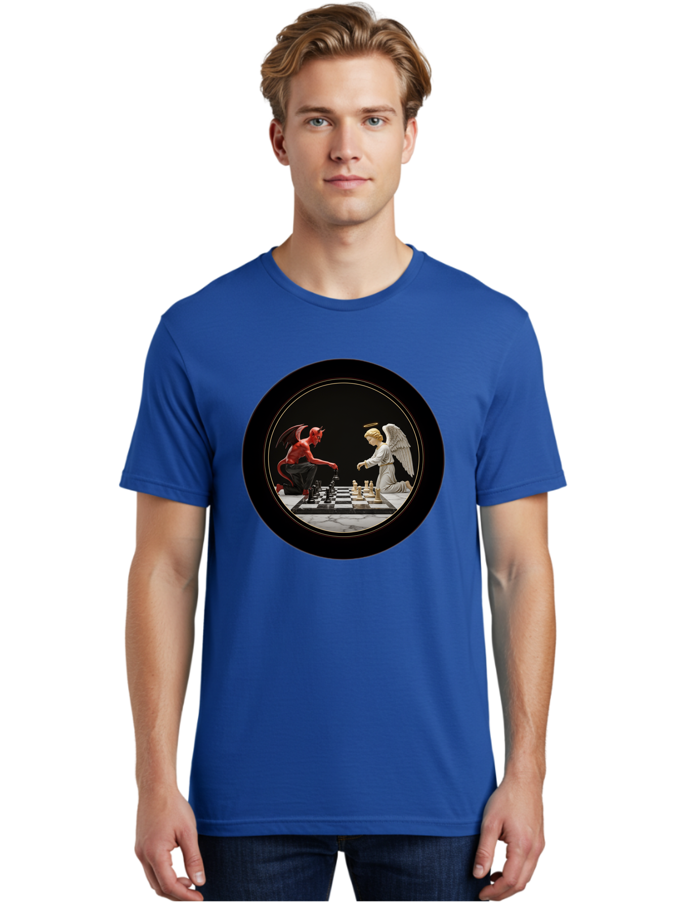 Devil-Vs-Angel-Chess-2 Men'S Graphic Tee, 100% Cotton, Comfortable Casual Summer Wear, Machine Washable, Vintage Camera, Old Camera, Antique Camera, Black Camera, Classic Photography, Photography Equipment, Nostalgic Device, Film Camera, Bah904