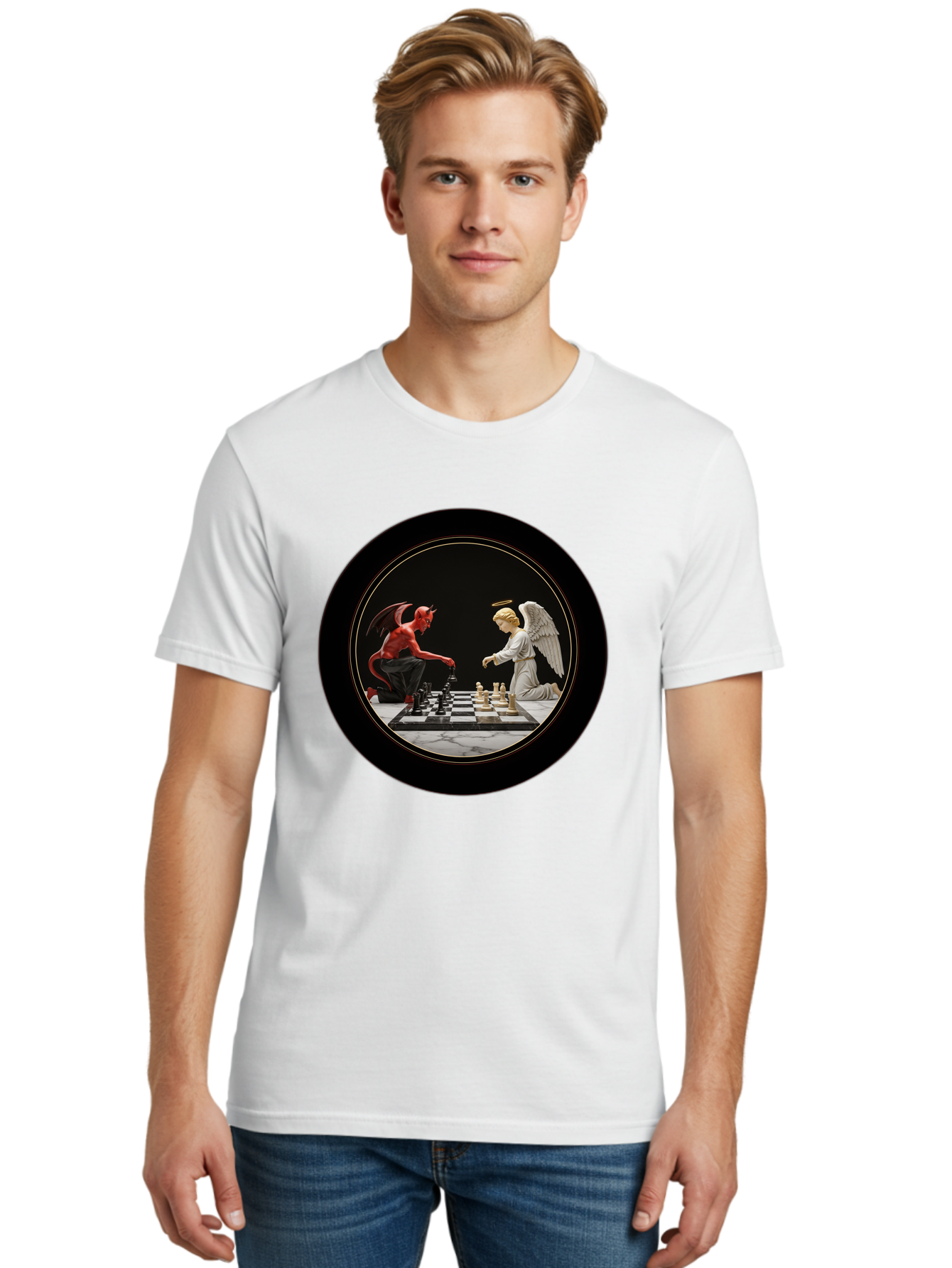 Devil-Vs-Angel-Chess-2 Men'S Graphic Tee, 100% Cotton, Comfortable Casual Summer Wear, Machine Washable, Vintage Camera, Old Camera, Antique Camera, Black Camera, Classic Photography, Photography Equipment, Nostalgic Device, Film Camera, Bah904