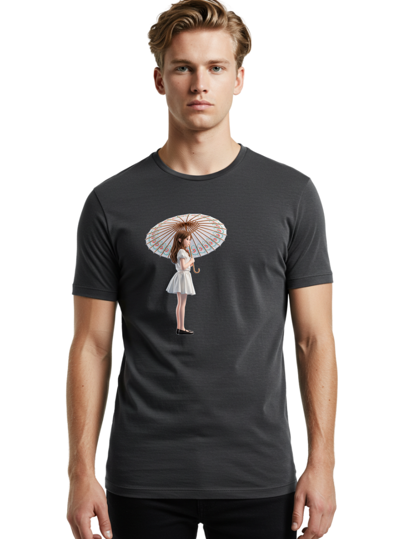 Girl-With-Parasol-3 Men'S Graphic Tee, 100% Cotton, Comfortable Casual Summer Wear, Machine Washable, Vintage Camera, Old Camera, Antique Camera, Black Camera, Classic Photography, Photography Equipment, Nostalgic Device, Film Camera, Bai032