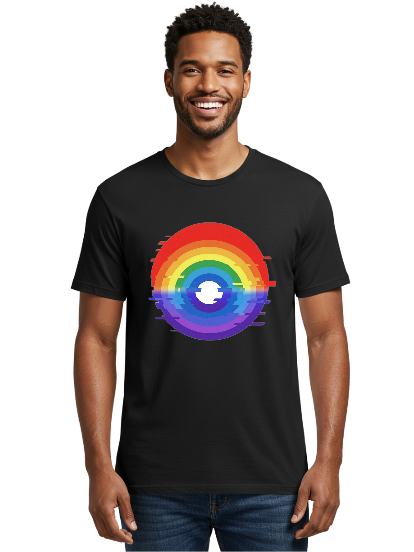 Glitch-Rainbow-Circle Men'S Graphic Tee, 100% Cotton, Comfortable Casual Summer Wear, Machine Washable, Vintage Camera, Old Camera, Antique Camera, Black Camera, Classic Photography, Photography Equipment, Nostalgic Device, Film Camera, Bai043