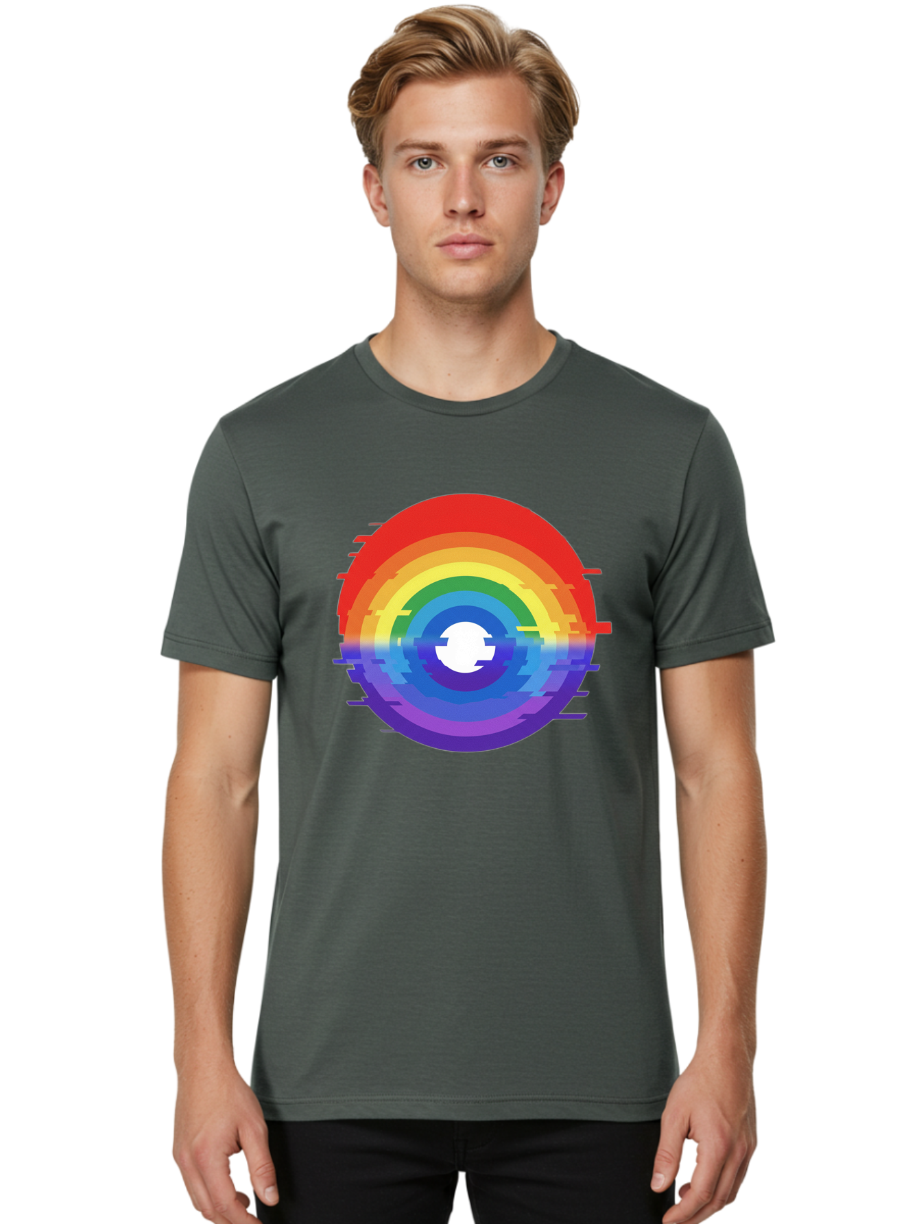 Glitch-Rainbow-Circle Men'S Graphic Tee, 100% Cotton, Comfortable Casual Summer Wear, Machine Washable, Vintage Camera, Old Camera, Antique Camera, Black Camera, Classic Photography, Photography Equipment, Nostalgic Device, Film Camera, Bai043
