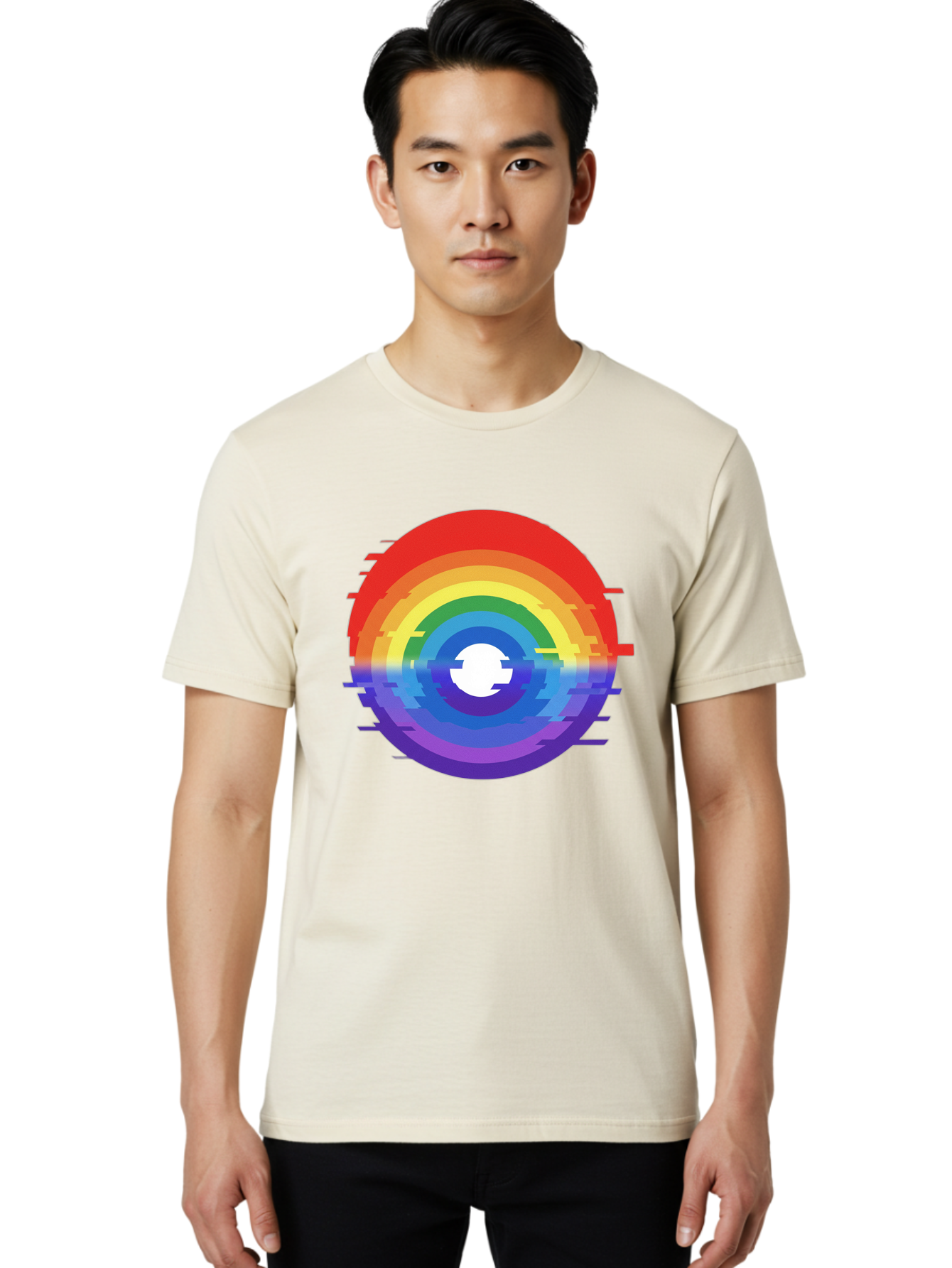 Glitch-Rainbow-Circle Men'S Graphic Tee, 100% Cotton, Comfortable Casual Summer Wear, Machine Washable, Vintage Camera, Old Camera, Antique Camera, Black Camera, Classic Photography, Photography Equipment, Nostalgic Device, Film Camera, Bai043