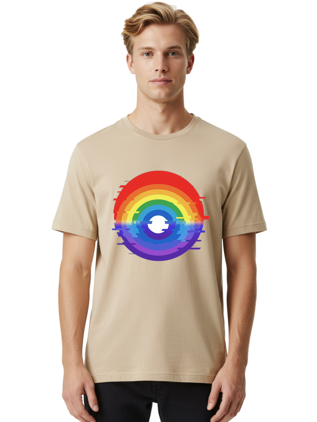 Glitch-Rainbow-Circle Men'S Graphic Tee, 100% Cotton, Comfortable Casual Summer Wear, Machine Washable, Vintage Camera, Old Camera, Antique Camera, Black Camera, Classic Photography, Photography Equipment, Nostalgic Device, Film Camera, Bai043