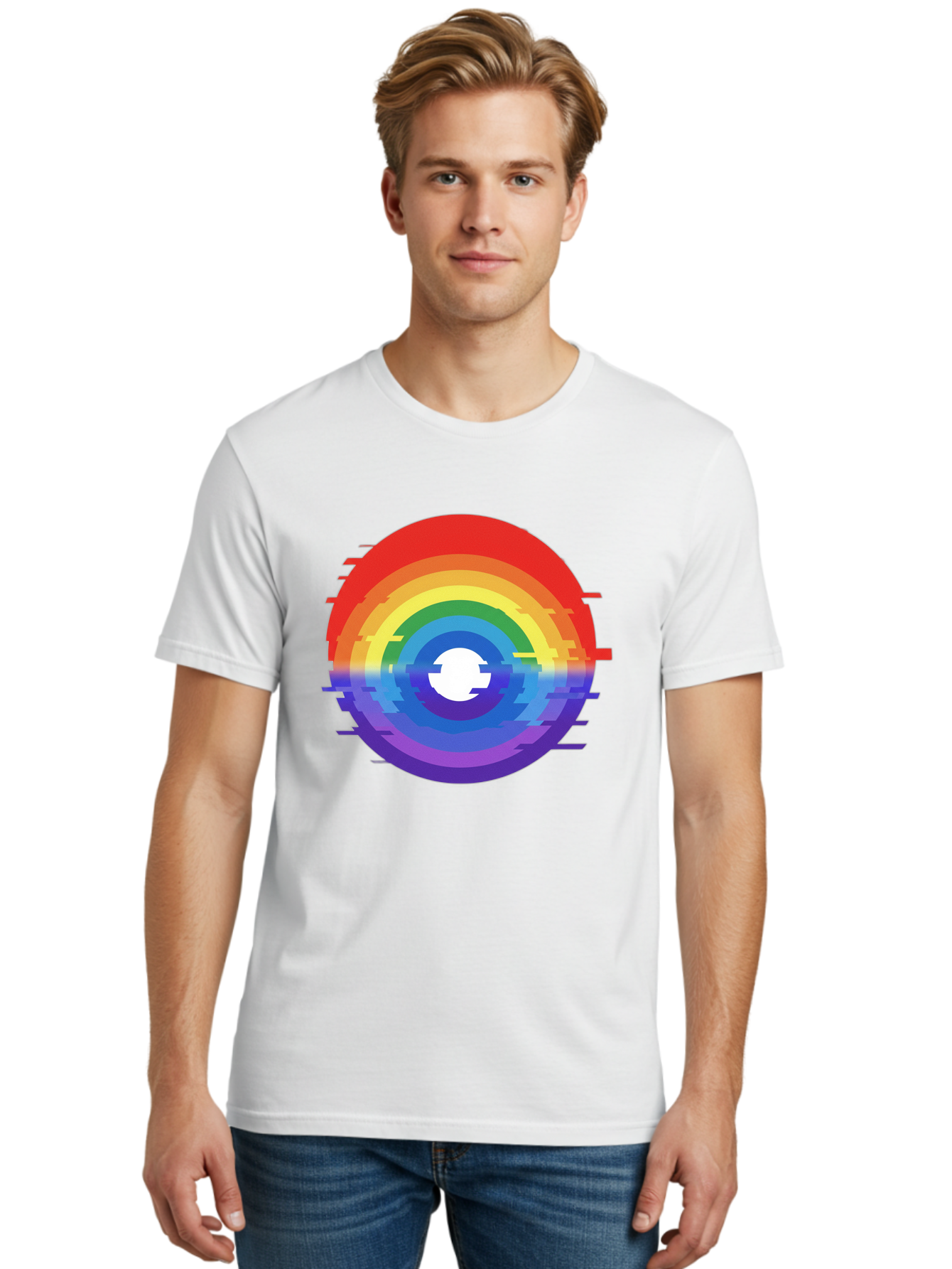 Glitch-Rainbow-Circle Men'S Graphic Tee, 100% Cotton, Comfortable Casual Summer Wear, Machine Washable, Vintage Camera, Old Camera, Antique Camera, Black Camera, Classic Photography, Photography Equipment, Nostalgic Device, Film Camera, Bai043