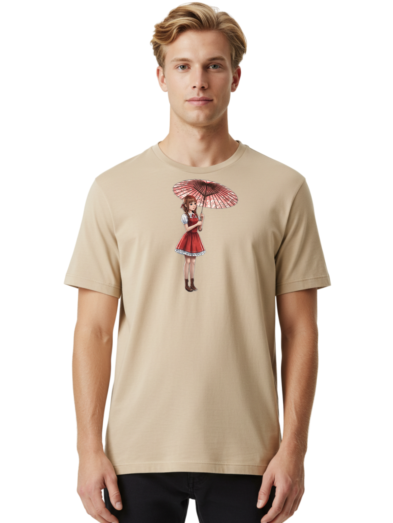 Illustration-Of-Girl-With-Parasol Men'S Graphic Tee, 100% Cotton, Comfortable Casual Summer Wear, Machine Washable, Vintage Camera, Old Camera, Antique Camera, Black Camera, Classic Photography, Photography Equipment, Nostalgic Device, Bai077