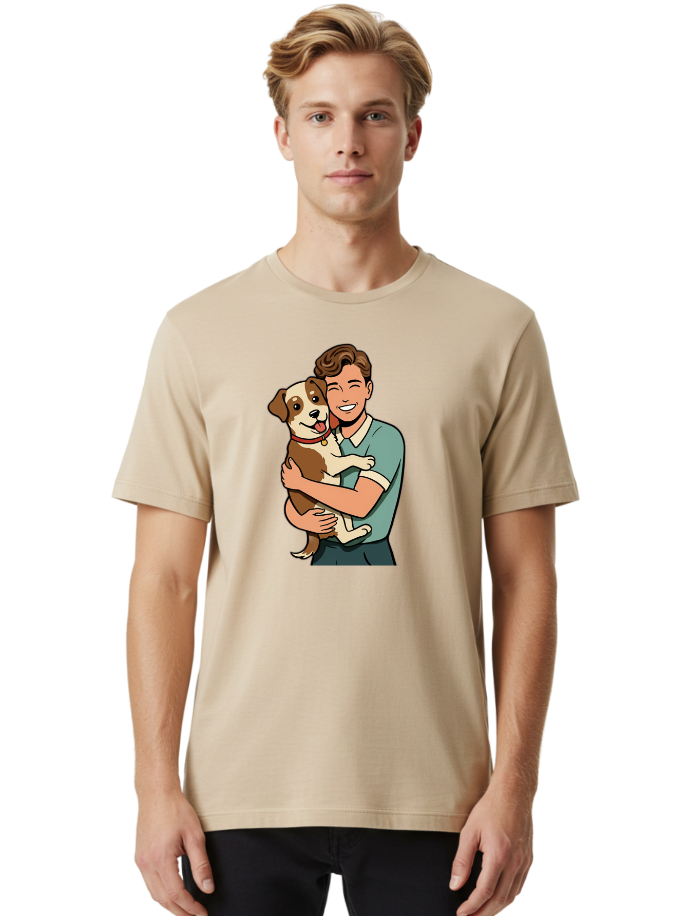 Man-Hugging-Dog-2 Men'S Graphic Tee, 100% Cotton, Comfortable Casual Summer Wear, Machine Washable, Vintage Camera, Old Camera, Antique Camera, Black Camera, Classic Photography, Photography Equipment, Nostalgic Device, Film Camera, Camera Art Bai113