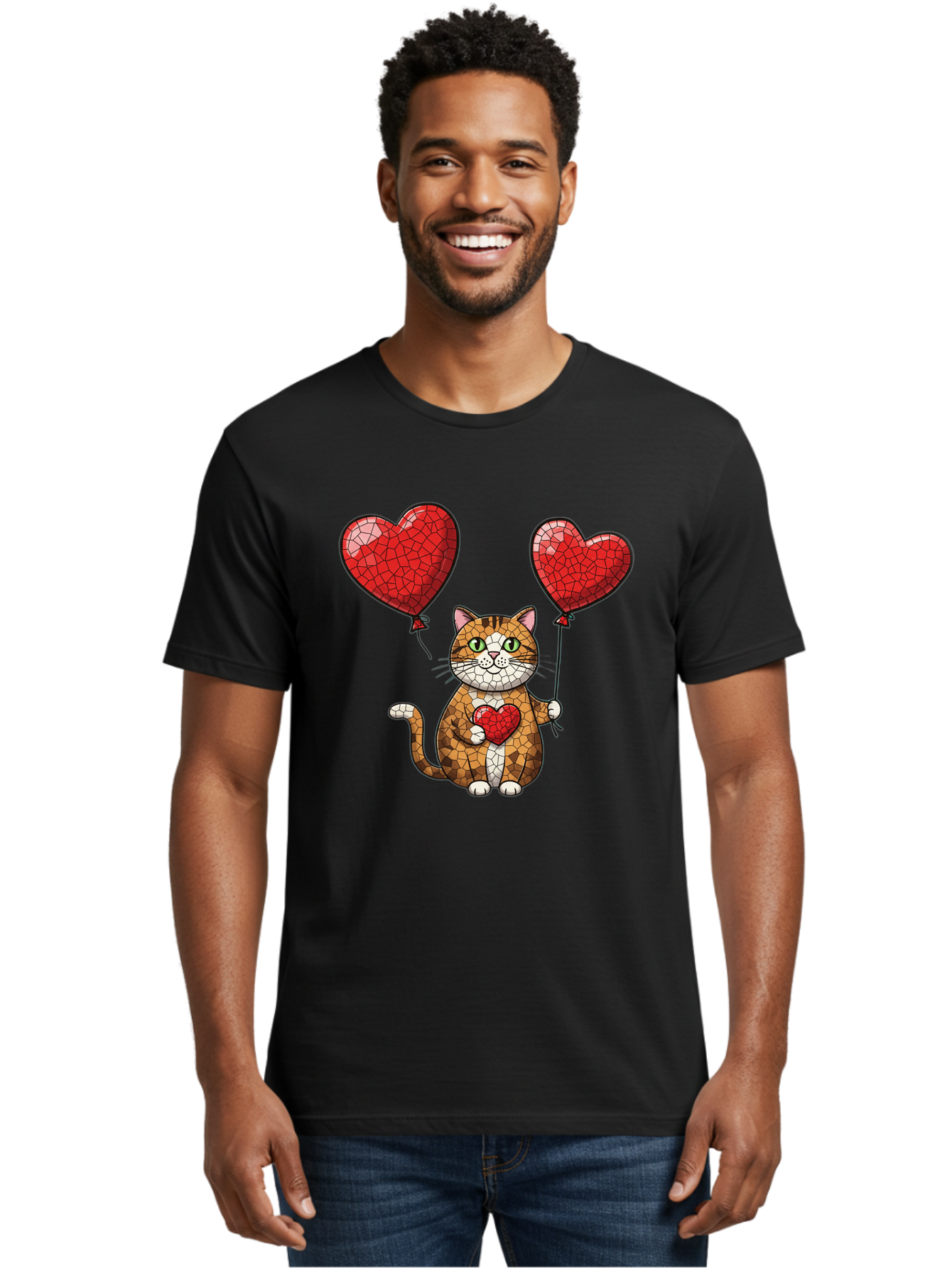 Mosaic-Cat-With-Heart-Balloons Men'S Graphic Tee, 100% Cotton, Comfortable Casual Summer Wear, Machine Washable, Vintage Camera, Old Camera, Antique Camera, Black Camera, Classic Photography, Photography Equipment, Nostalgic Device, Bai165
