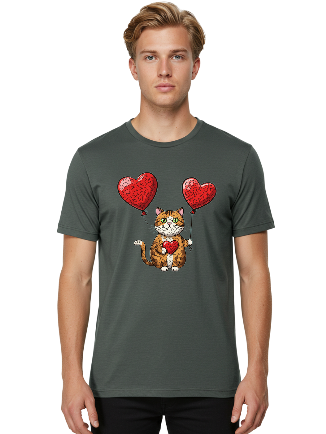 Mosaic-Cat-With-Heart-Balloons Men'S Graphic Tee, 100% Cotton, Comfortable Casual Summer Wear, Machine Washable, Vintage Camera, Old Camera, Antique Camera, Black Camera, Classic Photography, Photography Equipment, Nostalgic Device, Bai165