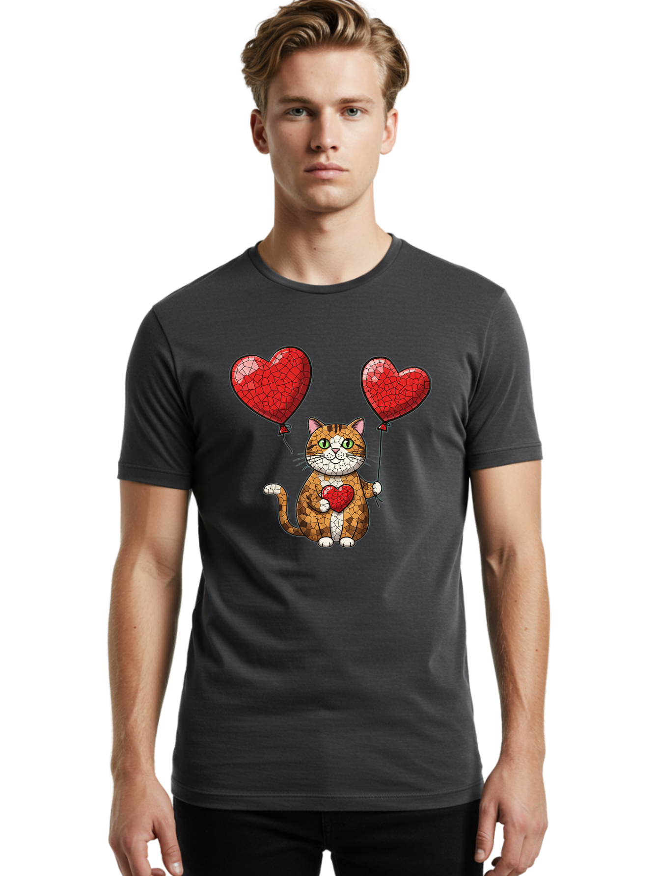 Mosaic-Cat-With-Heart-Balloons Men'S Graphic Tee, 100% Cotton, Comfortable Casual Summer Wear, Machine Washable, Vintage Camera, Old Camera, Antique Camera, Black Camera, Classic Photography, Photography Equipment, Nostalgic Device, Bai165