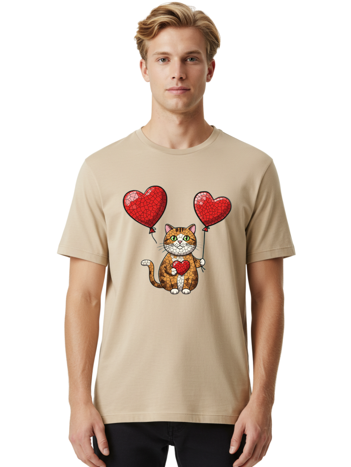 Mosaic-Cat-With-Heart-Balloons Men'S Graphic Tee, 100% Cotton, Comfortable Casual Summer Wear, Machine Washable, Vintage Camera, Old Camera, Antique Camera, Black Camera, Classic Photography, Photography Equipment, Nostalgic Device, Bai165