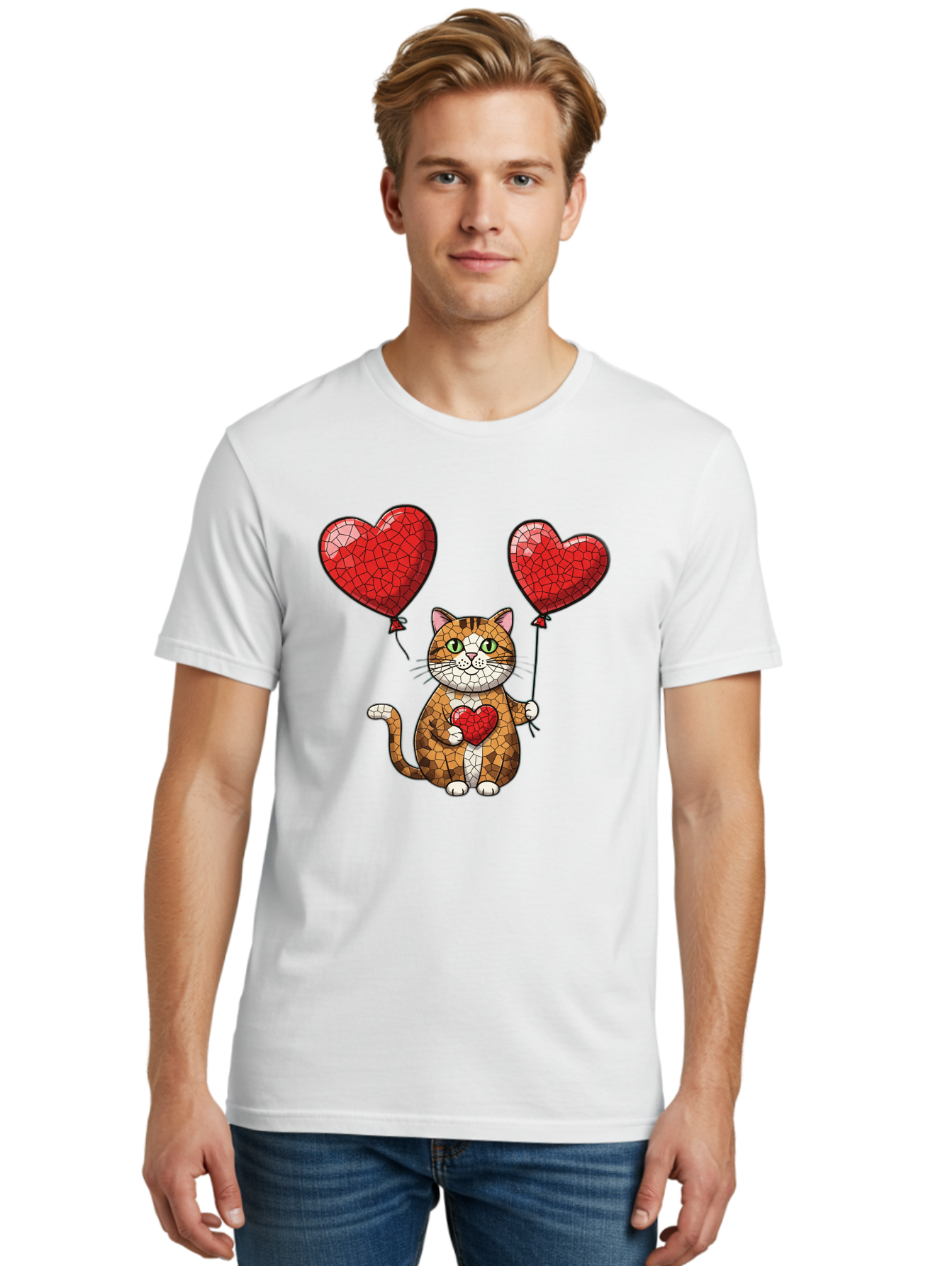 Mosaic-Cat-With-Heart-Balloons Men'S Graphic Tee, 100% Cotton, Comfortable Casual Summer Wear, Machine Washable, Vintage Camera, Old Camera, Antique Camera, Black Camera, Classic Photography, Photography Equipment, Nostalgic Device, Bai165