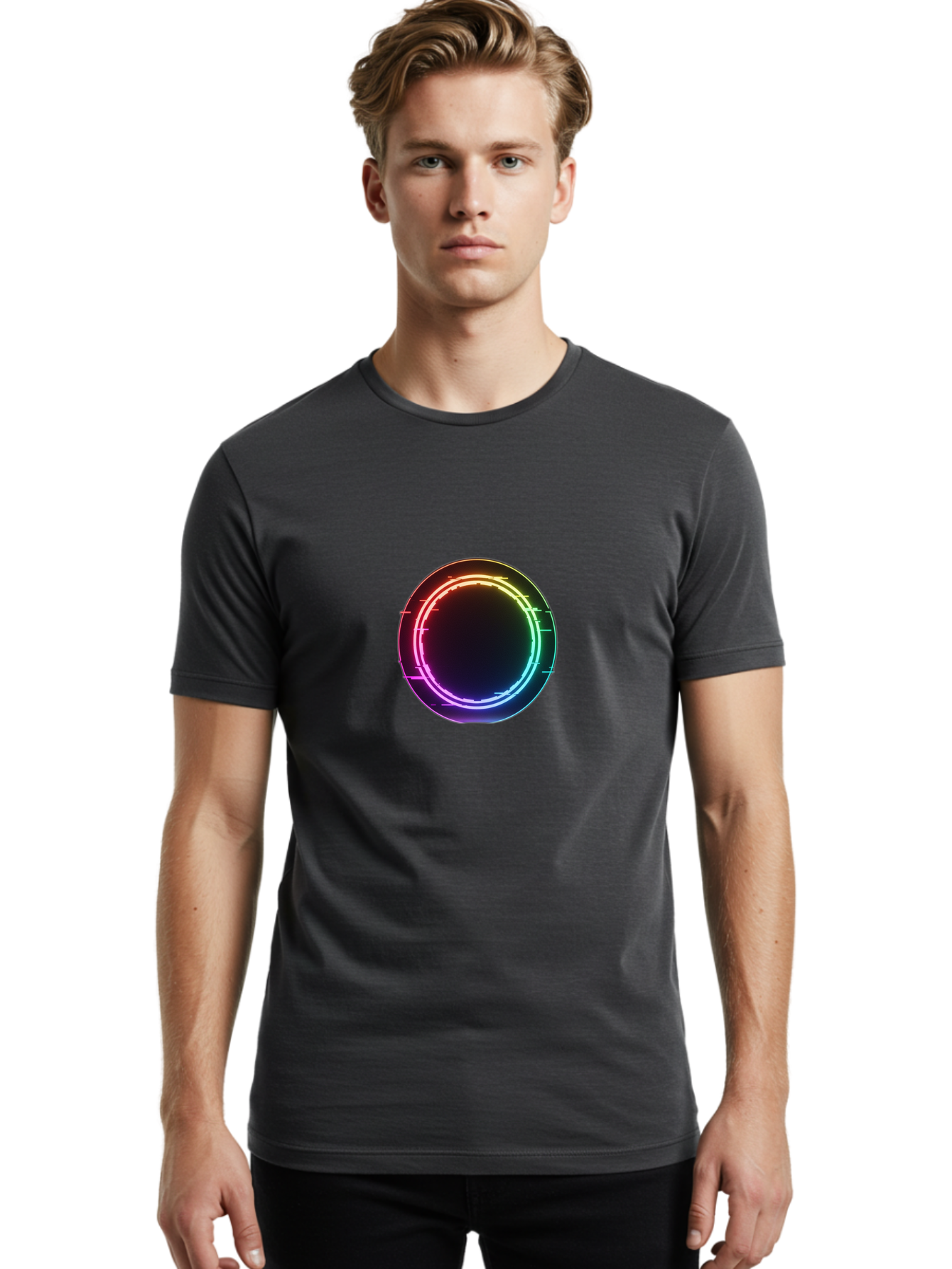 Neon-Circle-1 Men'S Graphic Tee, 100% Cotton, Comfortable Casual Summer Wear, Machine Washable, Vintage Camera, Old Camera, Antique Camera, Black Camera, Classic Photography, Photography Equipment, Nostalgic Device, Film Camera, Camera Art Bai177