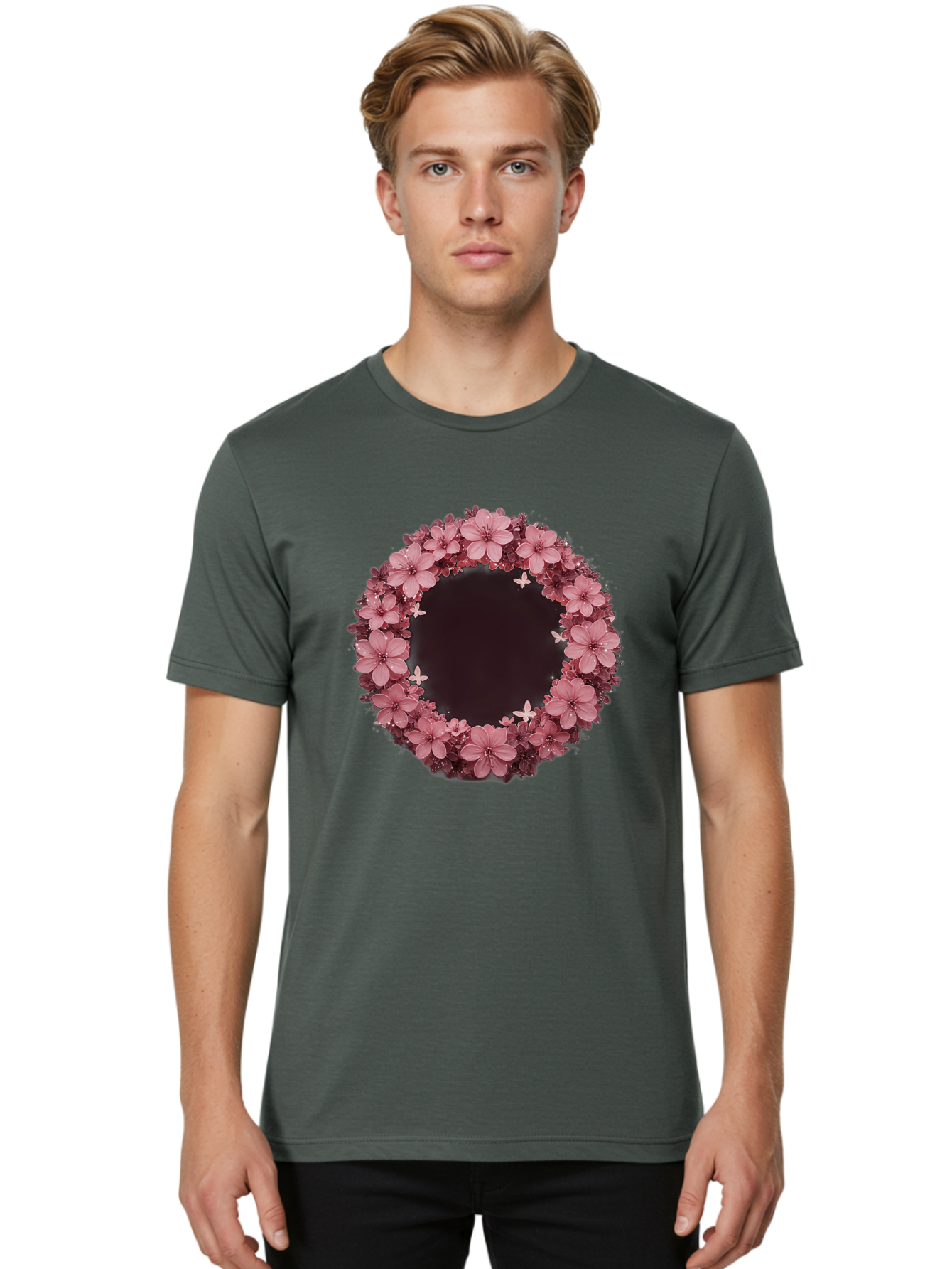 Pink-Flowers-Wreath Men'S Graphic Tee, 100% Cotton, Comfortable Casual Summer Wear, Machine Washable, Vintage Camera, Old Camera, Antique Camera, Black Camera, Classic Photography, Photography Equipment, Nostalgic Device, Film Camera, Bai224