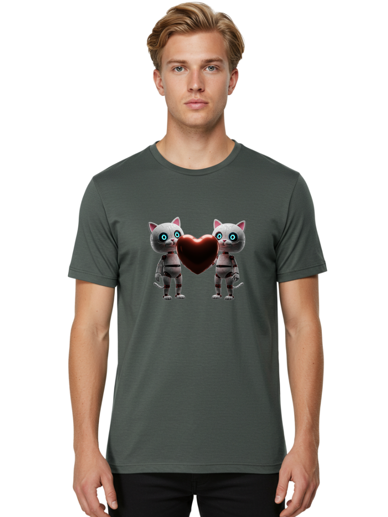 Robotic-Cats-Holding-Heart Men'S Graphic Tee, 100% Cotton, Comfortable Casual Summer Wear, Machine Washable, Vintage Camera, Old Camera, Antique Camera, Black Camera, Classic Photography, Photography Equipment, Nostalgic Device, Film Camera, Bai304