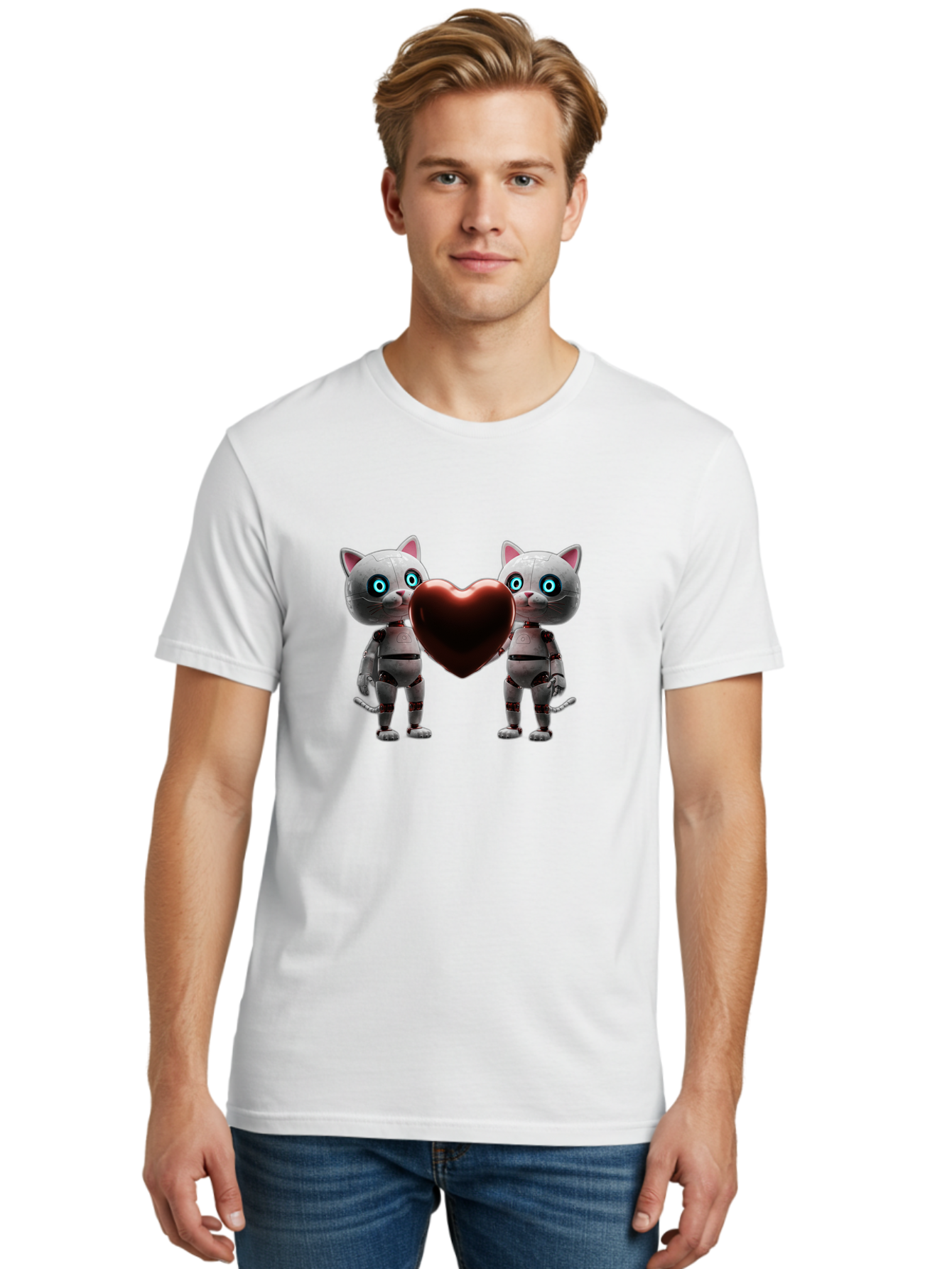 Robotic-Cats-Holding-Heart Men'S Graphic Tee, 100% Cotton, Comfortable Casual Summer Wear, Machine Washable, Vintage Camera, Old Camera, Antique Camera, Black Camera, Classic Photography, Photography Equipment, Nostalgic Device, Film Camera, Bai304