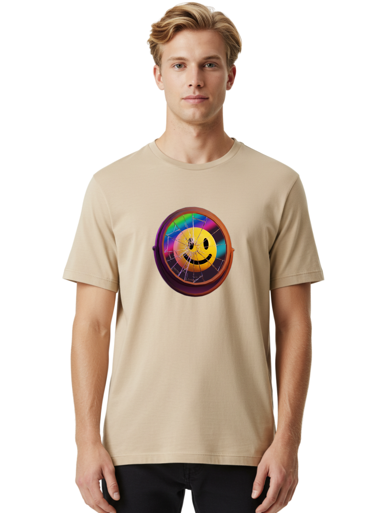 Shattered-Smiley-Face-Cd Men'S Graphic Tee, 100% Cotton, Comfortable Casual Summer Wear, Machine Washable, Vintage Camera, Old Camera, Antique Camera, Black Camera, Classic Photography, Photography Equipment, Nostalgic Device, Film Camera, Bai352