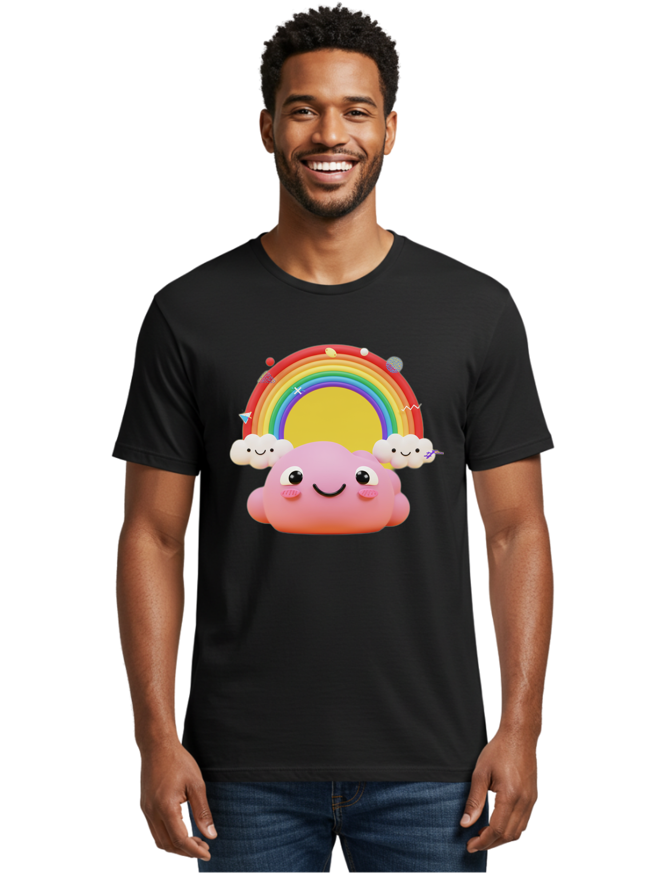Smiling-Pink-Cloud-With-Rainbow Men'S Graphic Tee, 100% Cotton, Comfortable Casual Summer Wear, Machine Washable, Vintage Camera, Old Camera, Antique Camera, Black Camera, Classic Photography, Photography Equipment, Nostalgic Device, Bai389