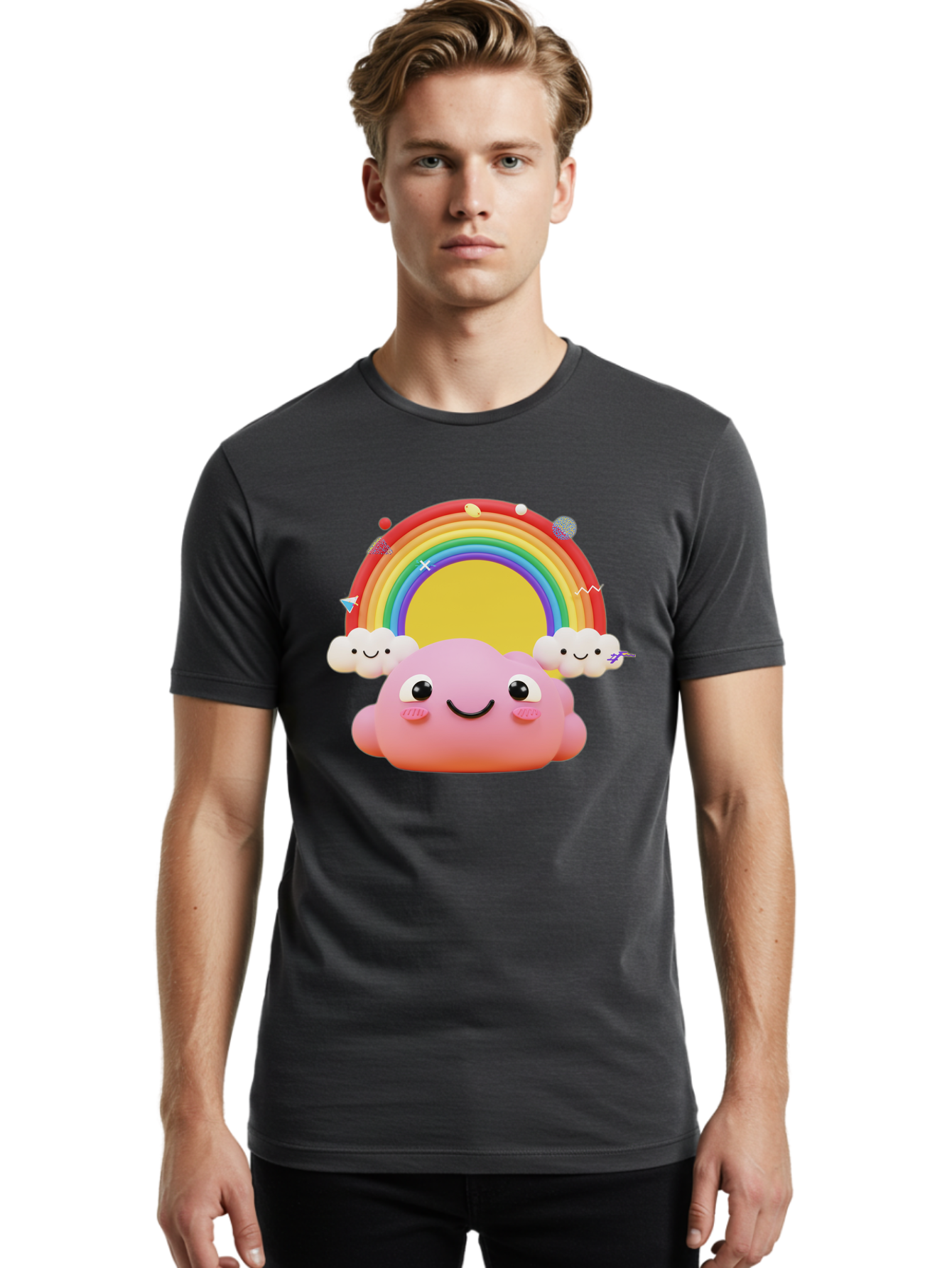 Smiling-Pink-Cloud-With-Rainbow Men'S Graphic Tee, 100% Cotton, Comfortable Casual Summer Wear, Machine Washable, Vintage Camera, Old Camera, Antique Camera, Black Camera, Classic Photography, Photography Equipment, Nostalgic Device, Bai389