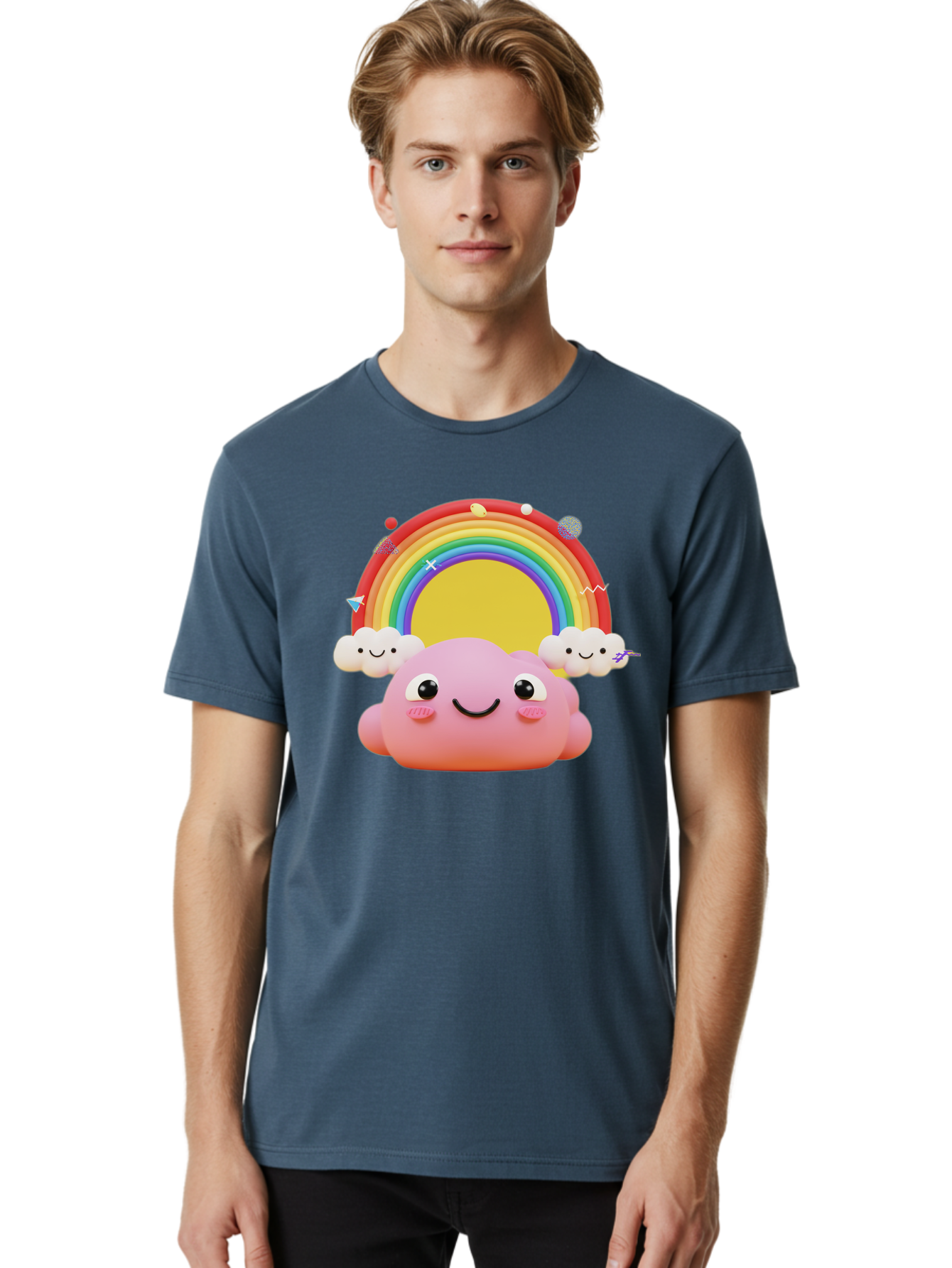 Smiling-Pink-Cloud-With-Rainbow Men'S Graphic Tee, 100% Cotton, Comfortable Casual Summer Wear, Machine Washable, Vintage Camera, Old Camera, Antique Camera, Black Camera, Classic Photography, Photography Equipment, Nostalgic Device, Bai389