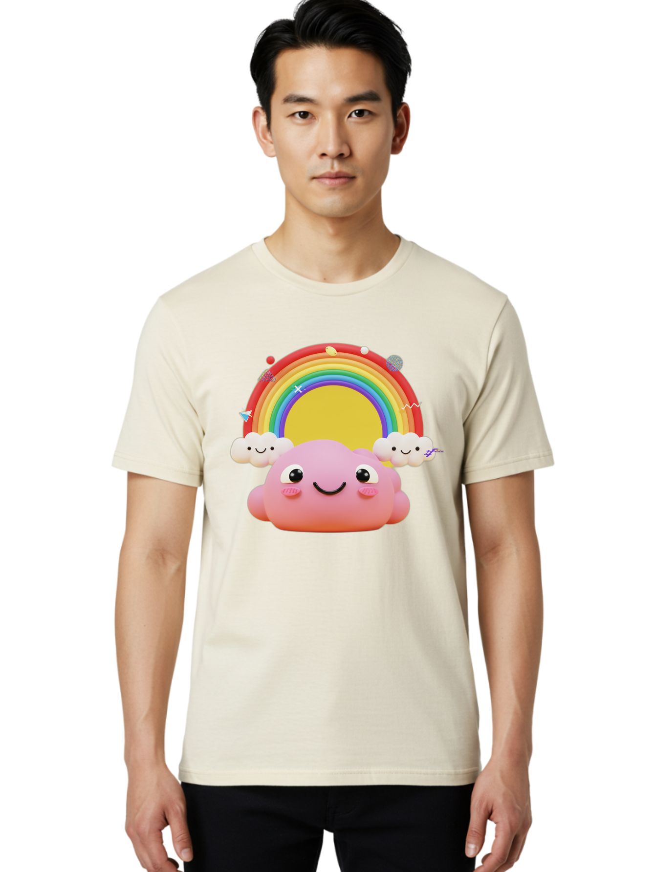 Smiling-Pink-Cloud-With-Rainbow Men'S Graphic Tee, 100% Cotton, Comfortable Casual Summer Wear, Machine Washable, Vintage Camera, Old Camera, Antique Camera, Black Camera, Classic Photography, Photography Equipment, Nostalgic Device, Bai389