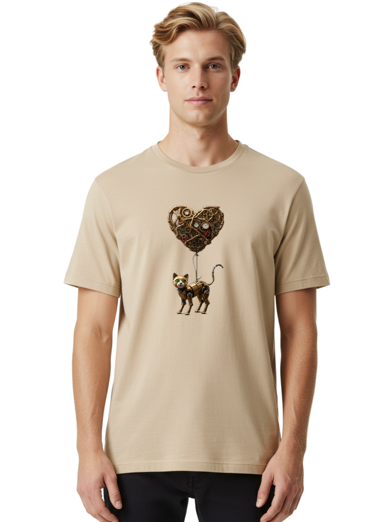 Steampunk-Cat-Heart-Balloon Men'S Graphic Tee, 100% Cotton, Comfortable Casual Summer Wear, Machine Washable, Vintage Camera, Old Camera, Antique Camera, Black Camera, Classic Photography, Photography Equipment, Nostalgic Device, Film Camera, Bai421