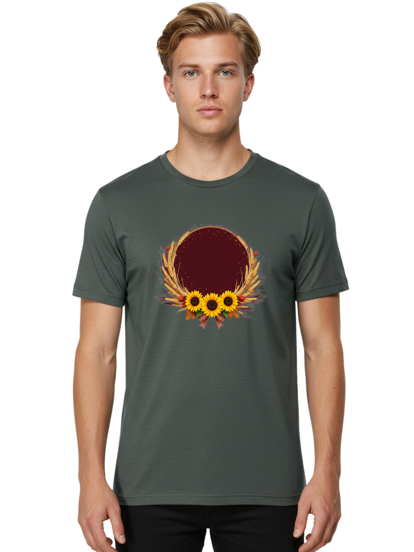 Sunflower-Wreath-Frame Men'S Graphic Tee, 100% Cotton, Comfortable Casual Summer Wear, Machine Washable, Vintage Camera, Old Camera, Antique Camera, Black Camera, Classic Photography, Photography Equipment, Nostalgic Device, Film Camera, Bai430
