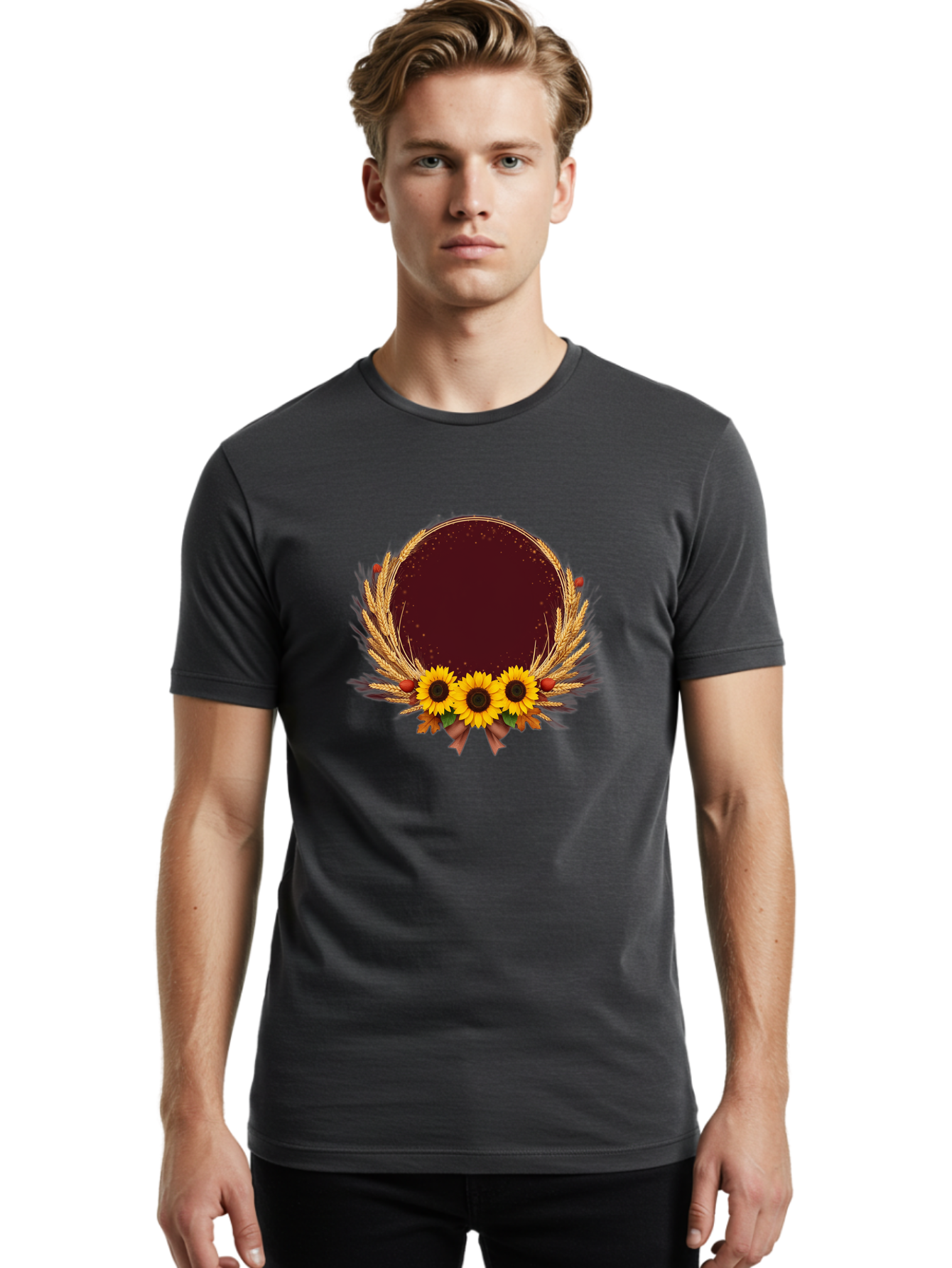Sunflower-Wreath-Frame Men'S Graphic Tee, 100% Cotton, Comfortable Casual Summer Wear, Machine Washable, Vintage Camera, Old Camera, Antique Camera, Black Camera, Classic Photography, Photography Equipment, Nostalgic Device, Film Camera, Bai430