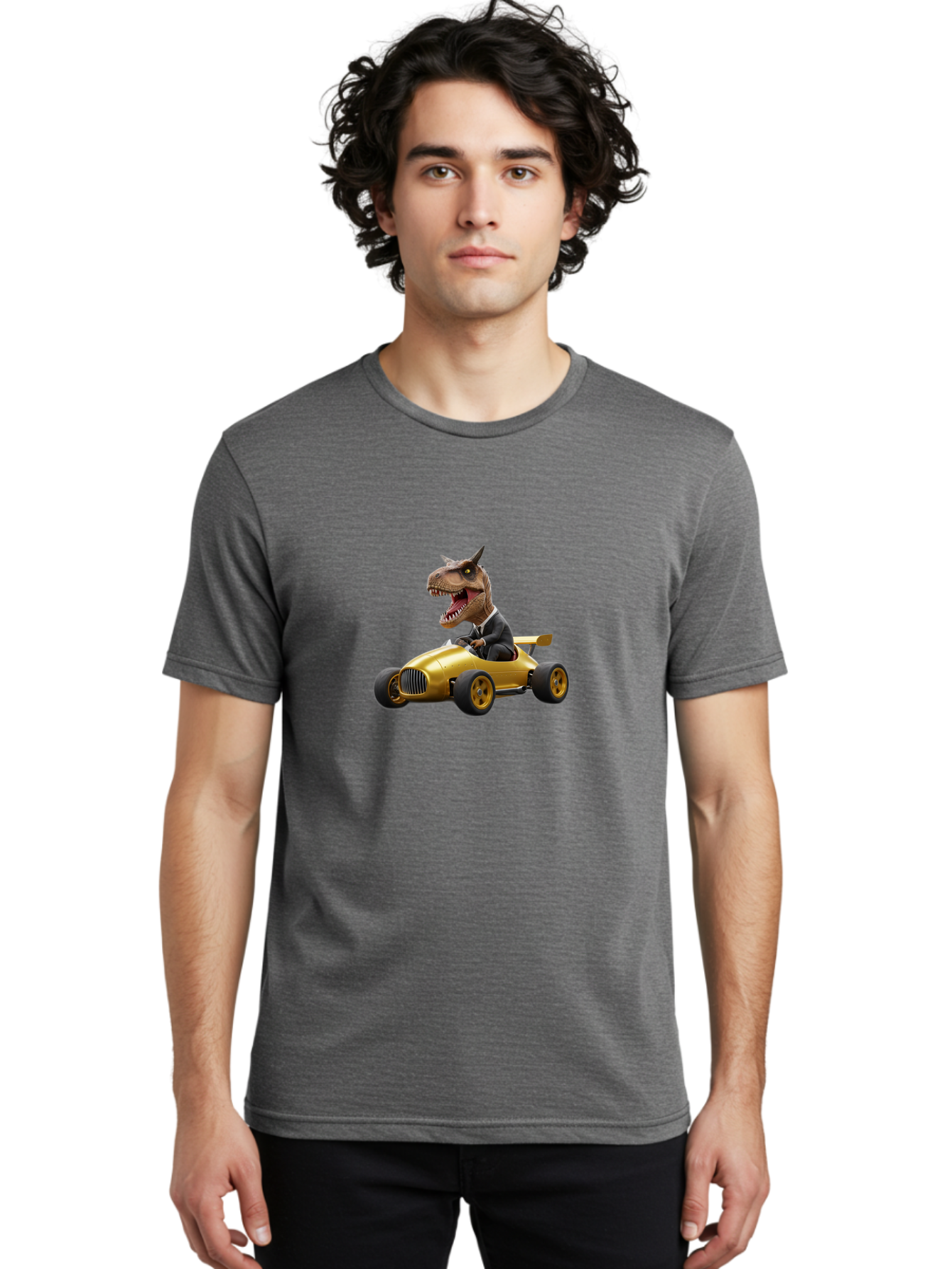 T-Rex-In-Suit-Driving-Gold-Car Men'S Graphic Tee, 100% Cotton, Comfortable Casual Summer Wear, Machine Washable, Vintage Camera, Old Camera, Antique Camera, Black Camera, Classic Photography, Photography Equipment, Nostalgic Device, Bai438