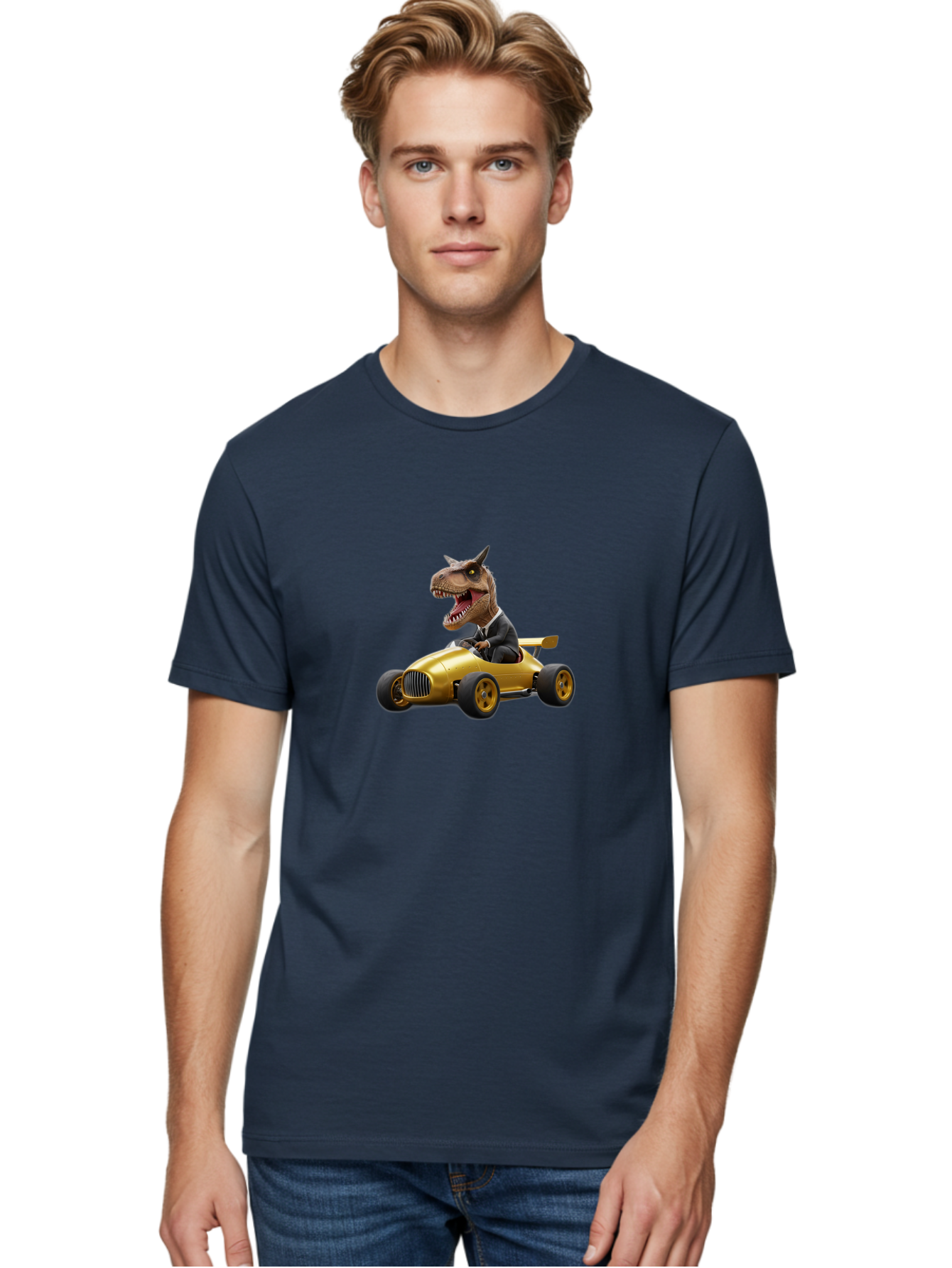 T-Rex-In-Suit-Driving-Gold-Car Men'S Graphic Tee, 100% Cotton, Comfortable Casual Summer Wear, Machine Washable, Vintage Camera, Old Camera, Antique Camera, Black Camera, Classic Photography, Photography Equipment, Nostalgic Device, Bai438